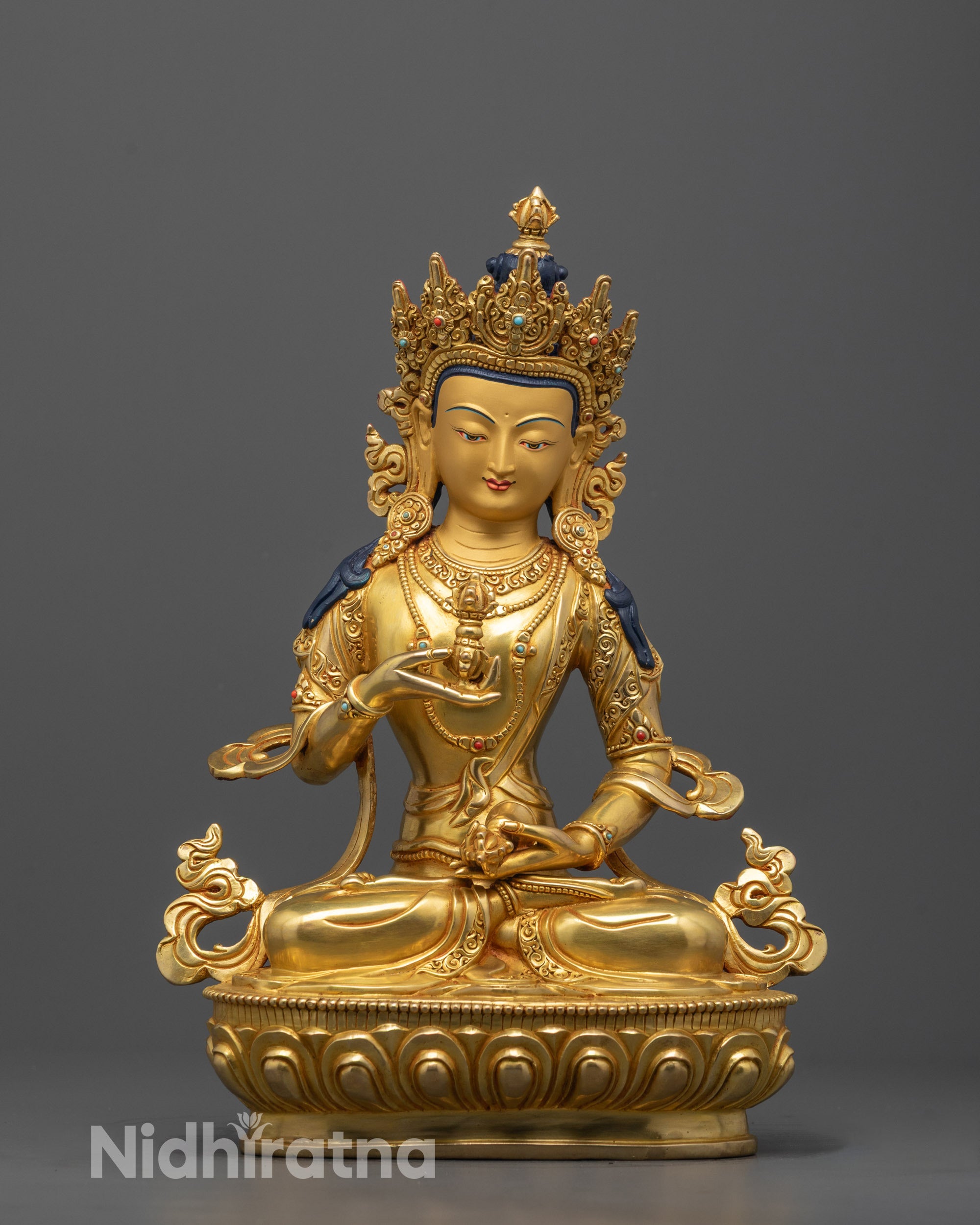 Front-view of Hand-carved Vajrasattva Statue seated on a lotus base with 24k gold fire gilding