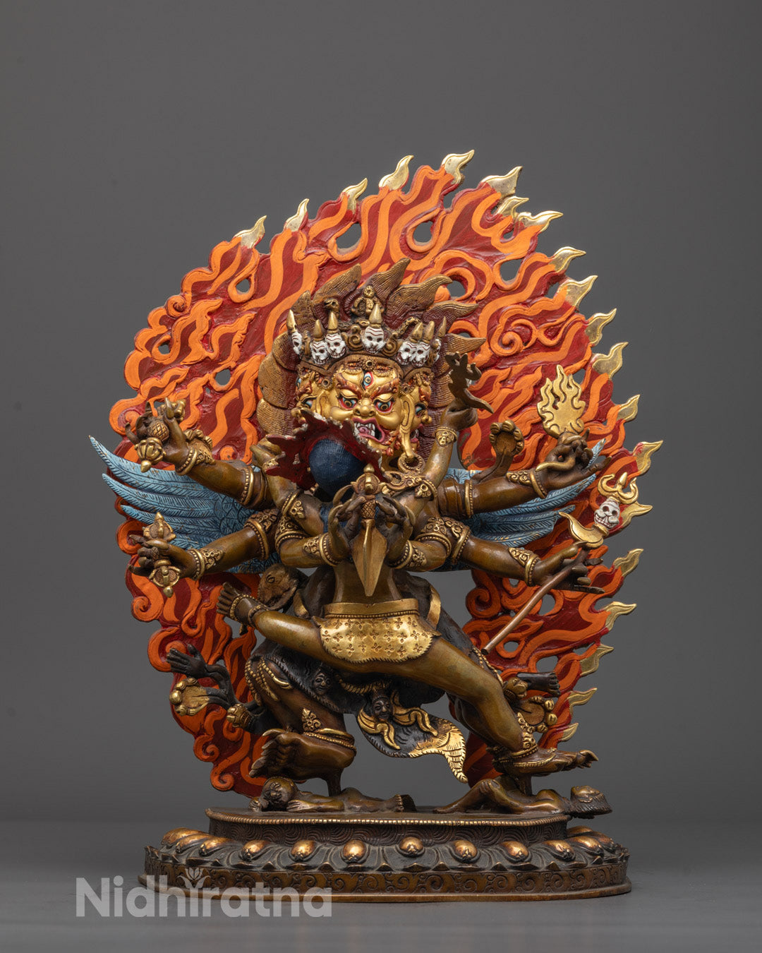 Front-view of Handcrafted Vajrakilaya Statue in Oxidized Copper with 24k Gold Gilded Face