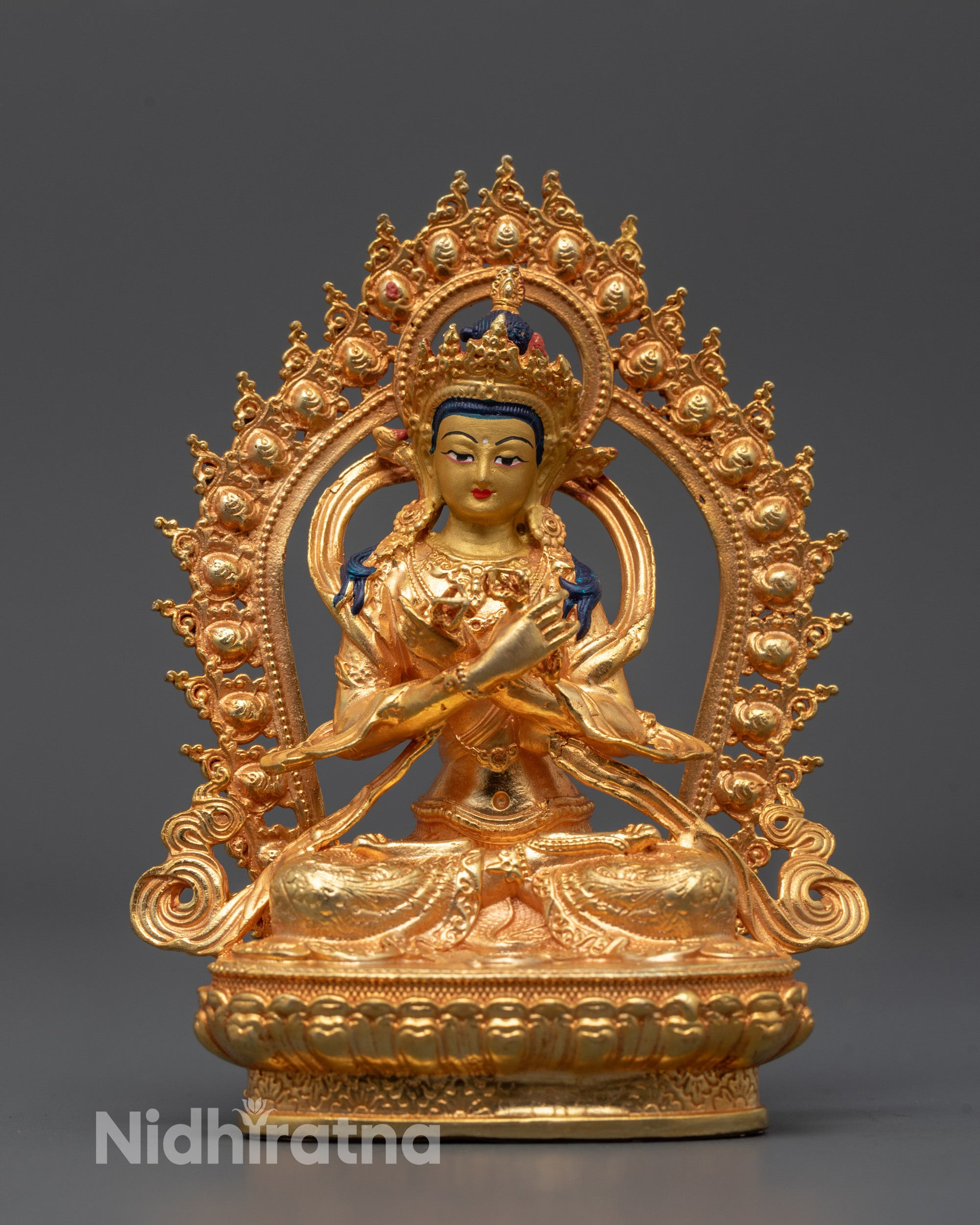 Front-view of Machine-made Vajradhara Statue from Nepal featuring 24k gold gilded copper