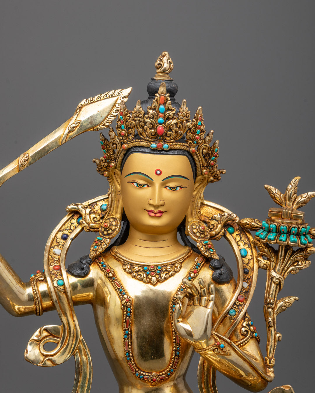 Front Close View of Traditional Manjushri Bodhisattva Statue with Gold Face and Gemstones