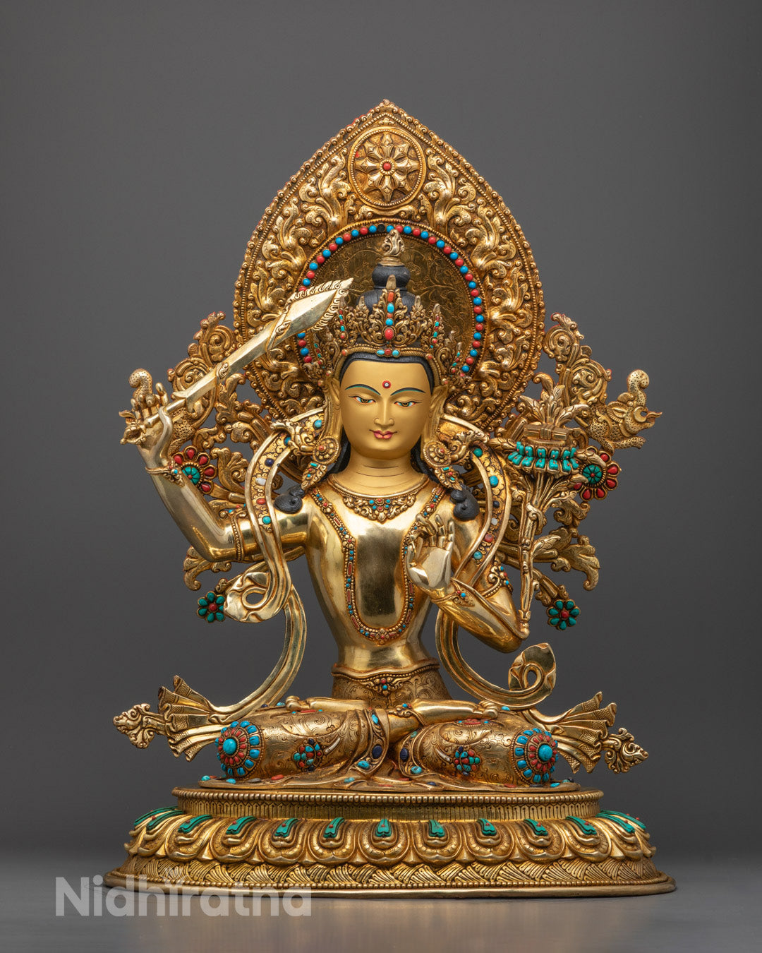 Front Full Manjushri Bodhisattva Statue on Lotus Throne with Gold Fire Gilded Body and Jewels
