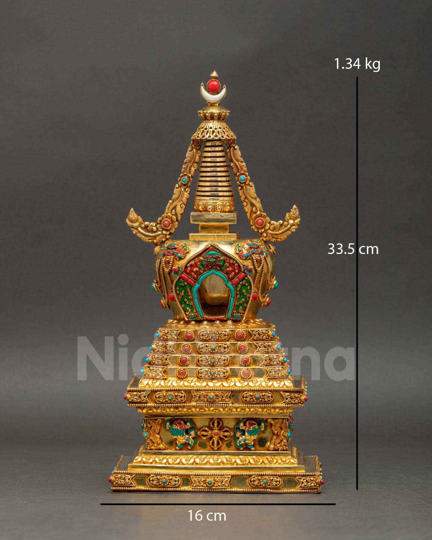 Front view handcrafted Tibetan stupa Buddhist shrine decor from Nepal, copper craftsmanship, sacred symbolic design, meditation altar statue.