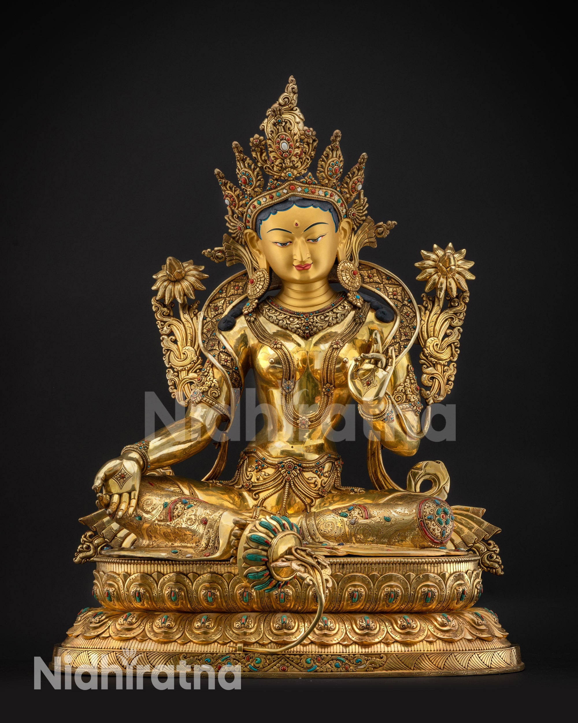 Front Green Tara Statue front angle gold-gilded copper figure with utpala lotus stems
