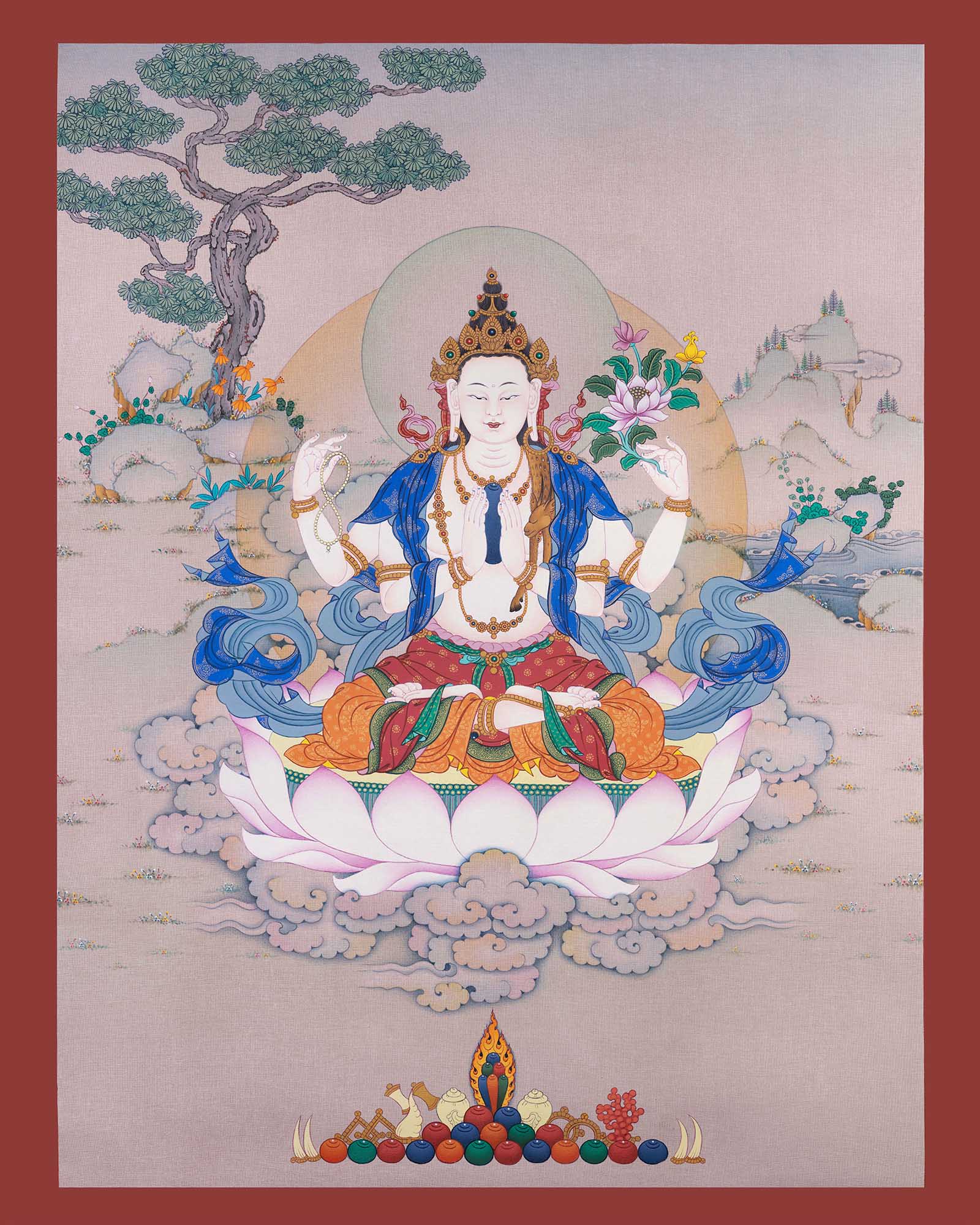 Chenrezig Thangka Print front view Avalokiteshvara Tibetan art Nepal meditation decor