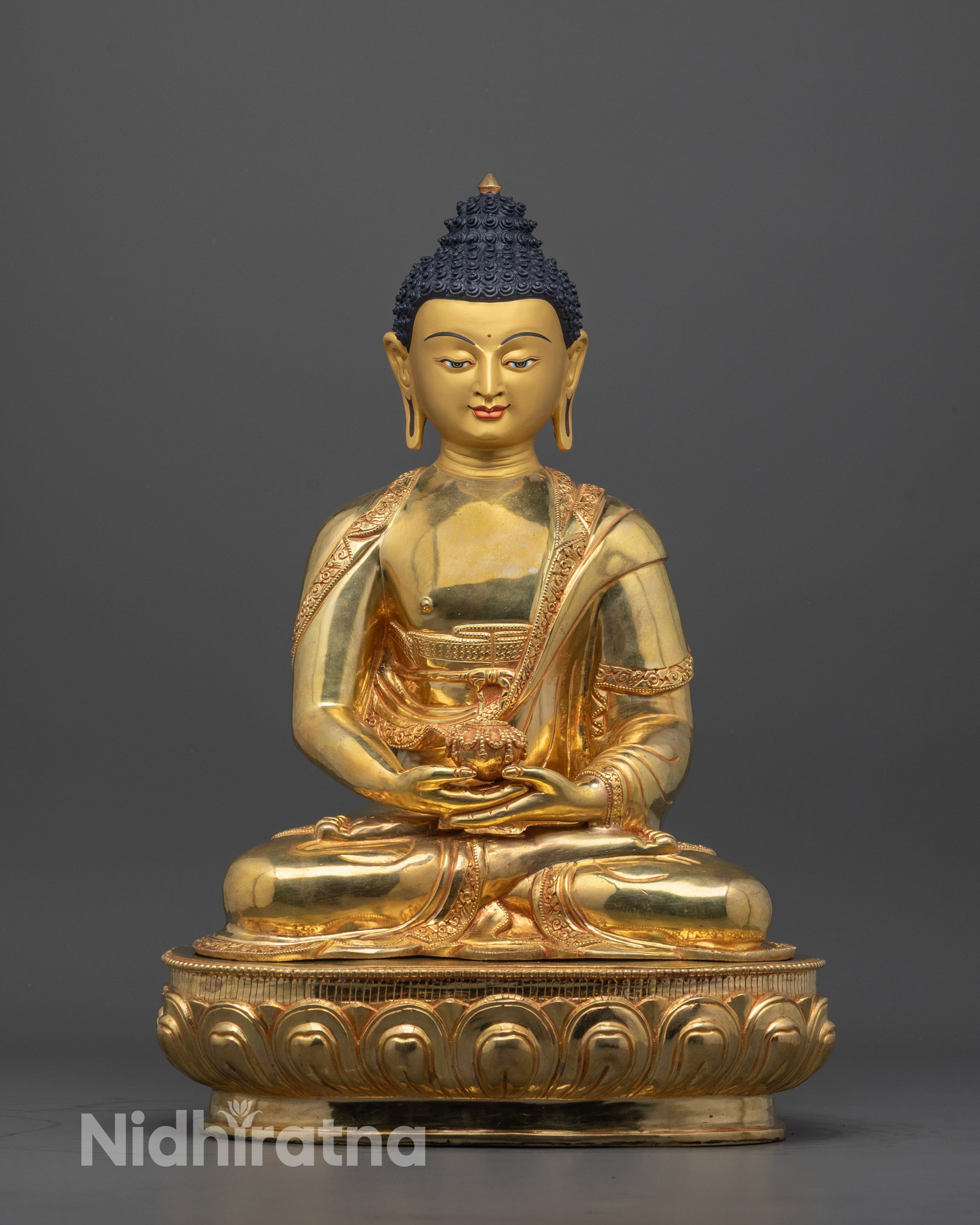 Front View of Amitabha Buddha Statue Seated on Lotus Base
