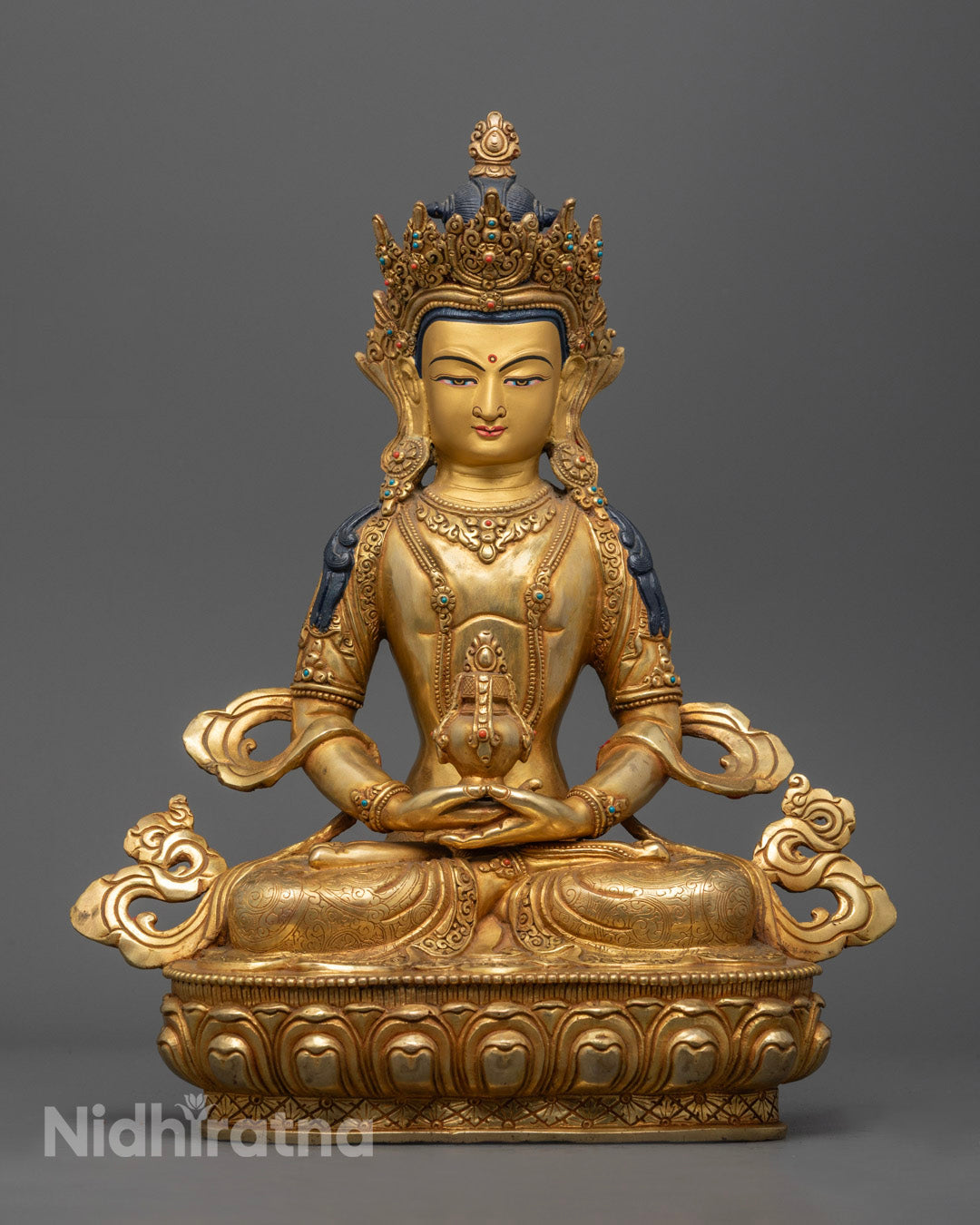 Features 24K gold fire gilding, vibrant acrylic colors, and a lotus throne symbolizing longevity and enlightenment.