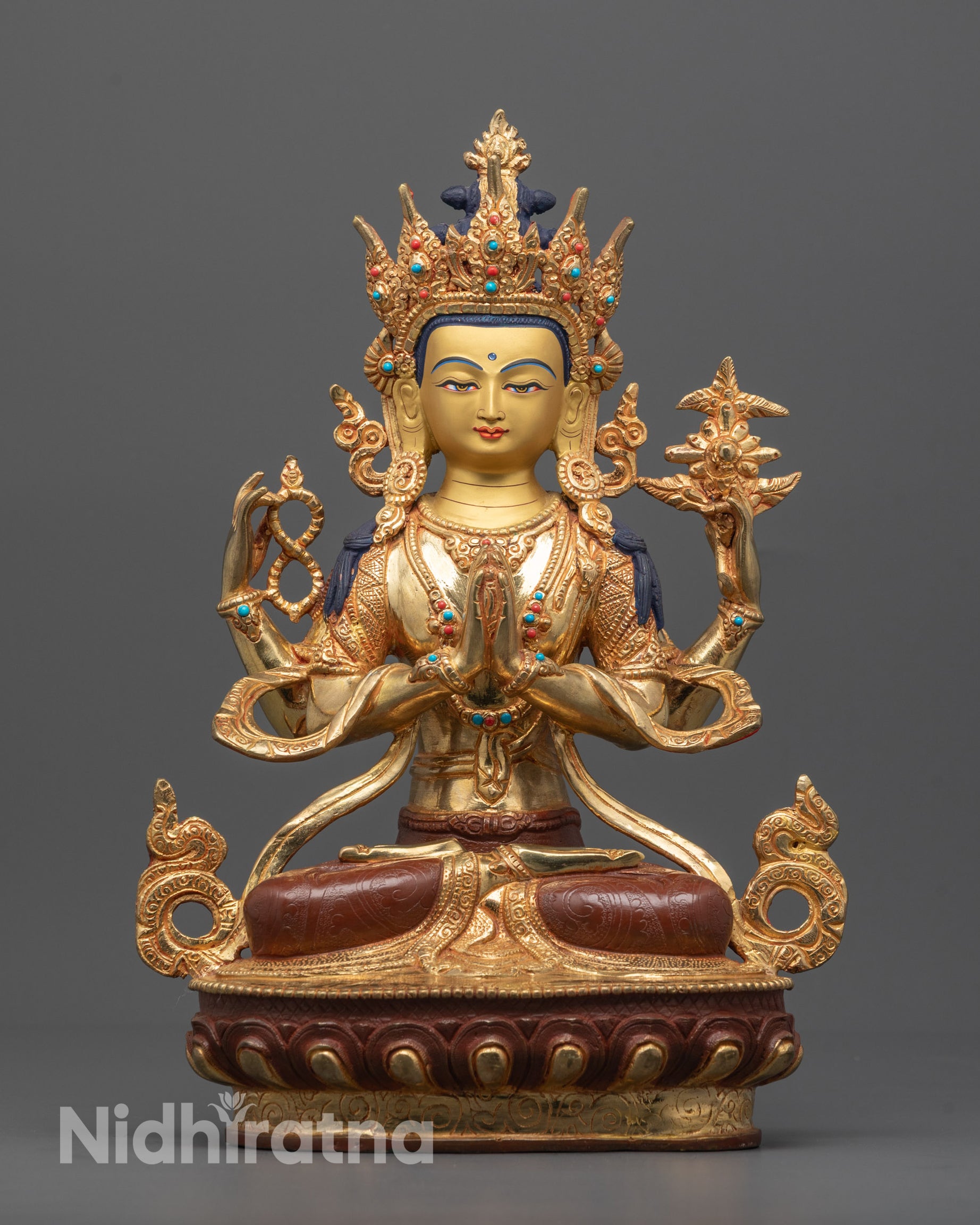 Front View of Chenrezig Statue Seated on Lotus Base in Meditative Posture