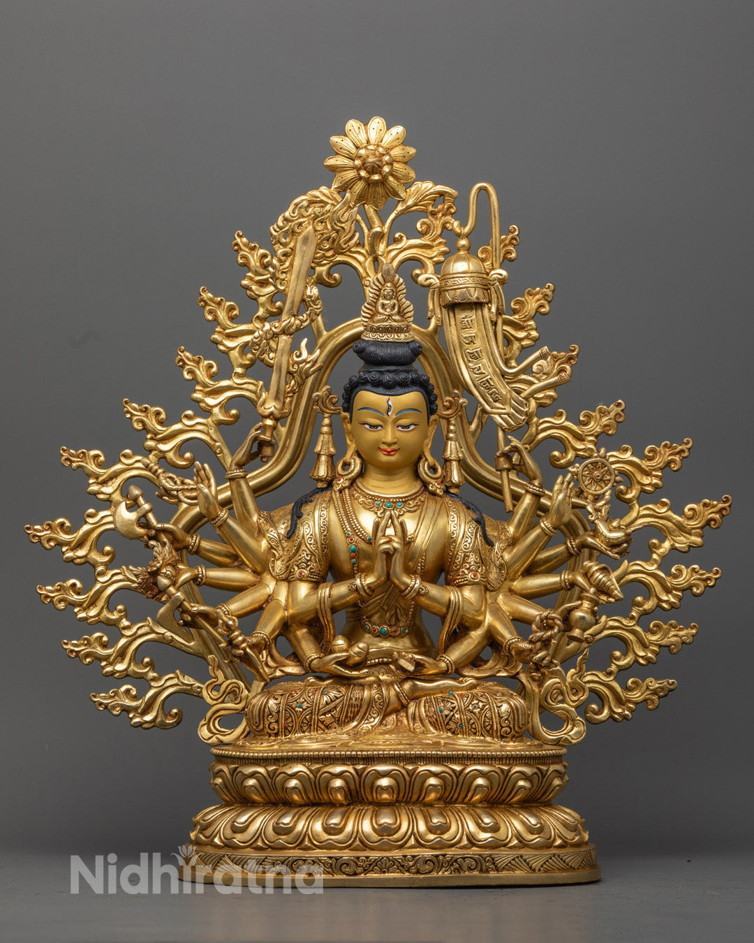 Hand-carved Chundi Devi Statue with 24K gold-gilded face and gold-plated copper body | Tibetan Buddhist goddess of fierce compassion and protection.