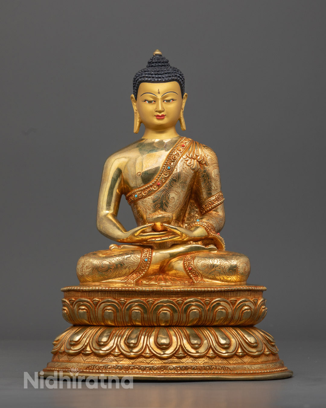 Hand-Carved Amitabha Buddha Statue with 24k Gold Fire-Gilding and Semi-Precious Stones