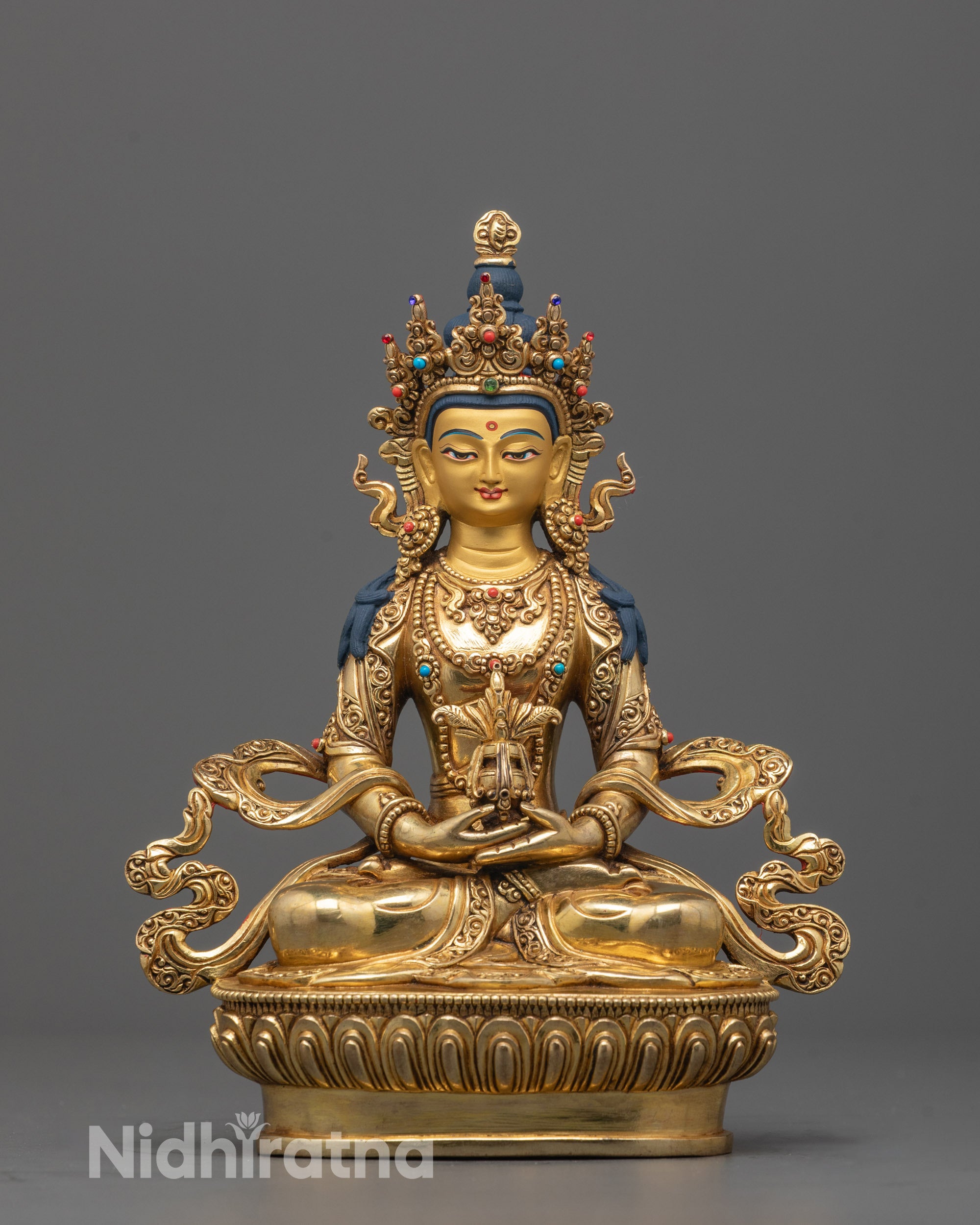 Front View of Hand-Carved Amitayus Statue in Gold Finish Sitting
