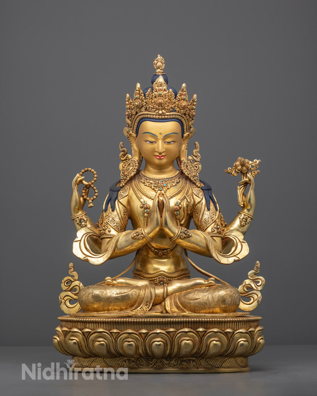 Hand-Carved Chenrezig Statue with 24k Fire-Gilded Gold Finish, Seated on Lotus Throne – Nepalese Buddhist Art