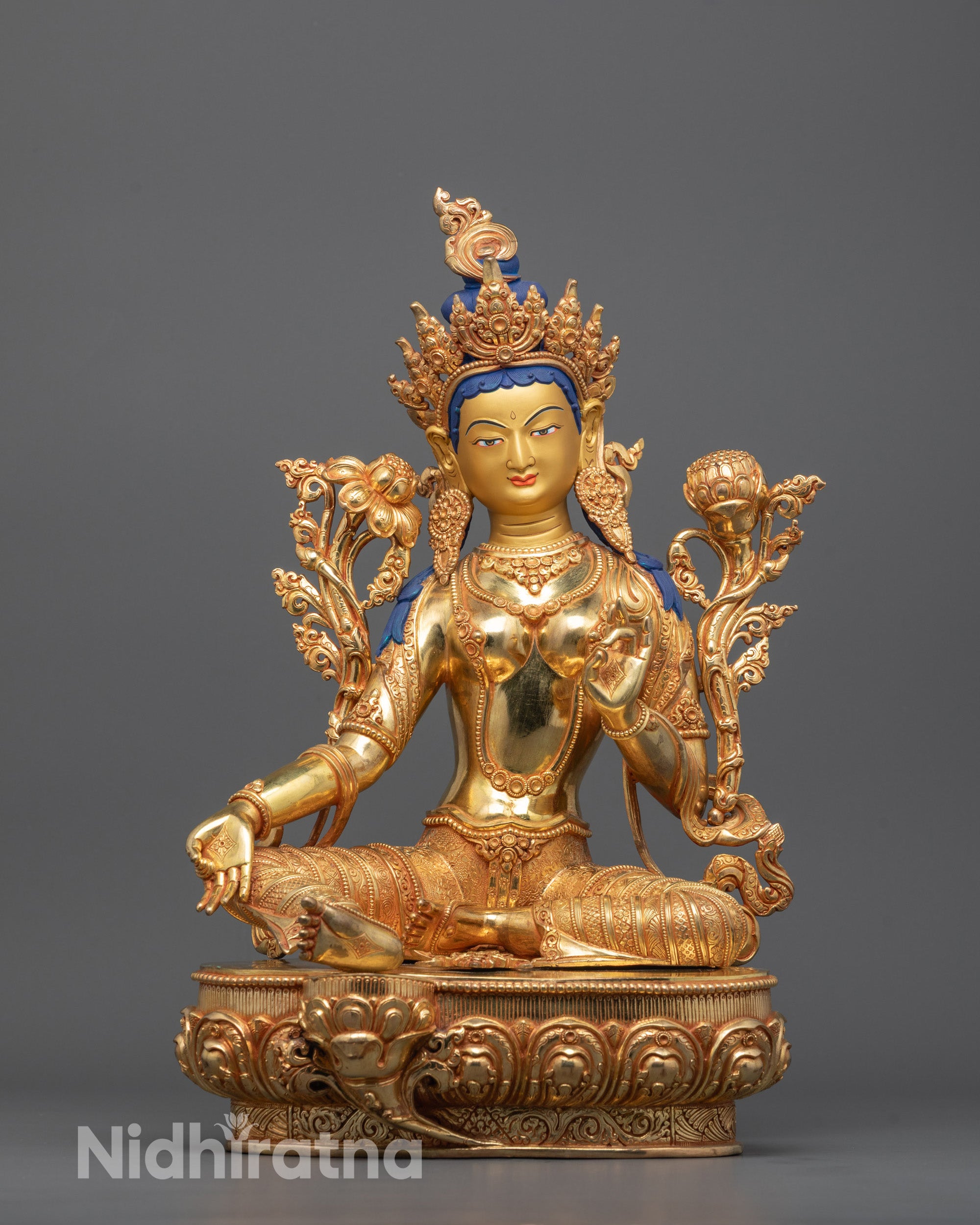 Front View of Hand-Carved Green Tara Statue with 24k Fire Gold Finish