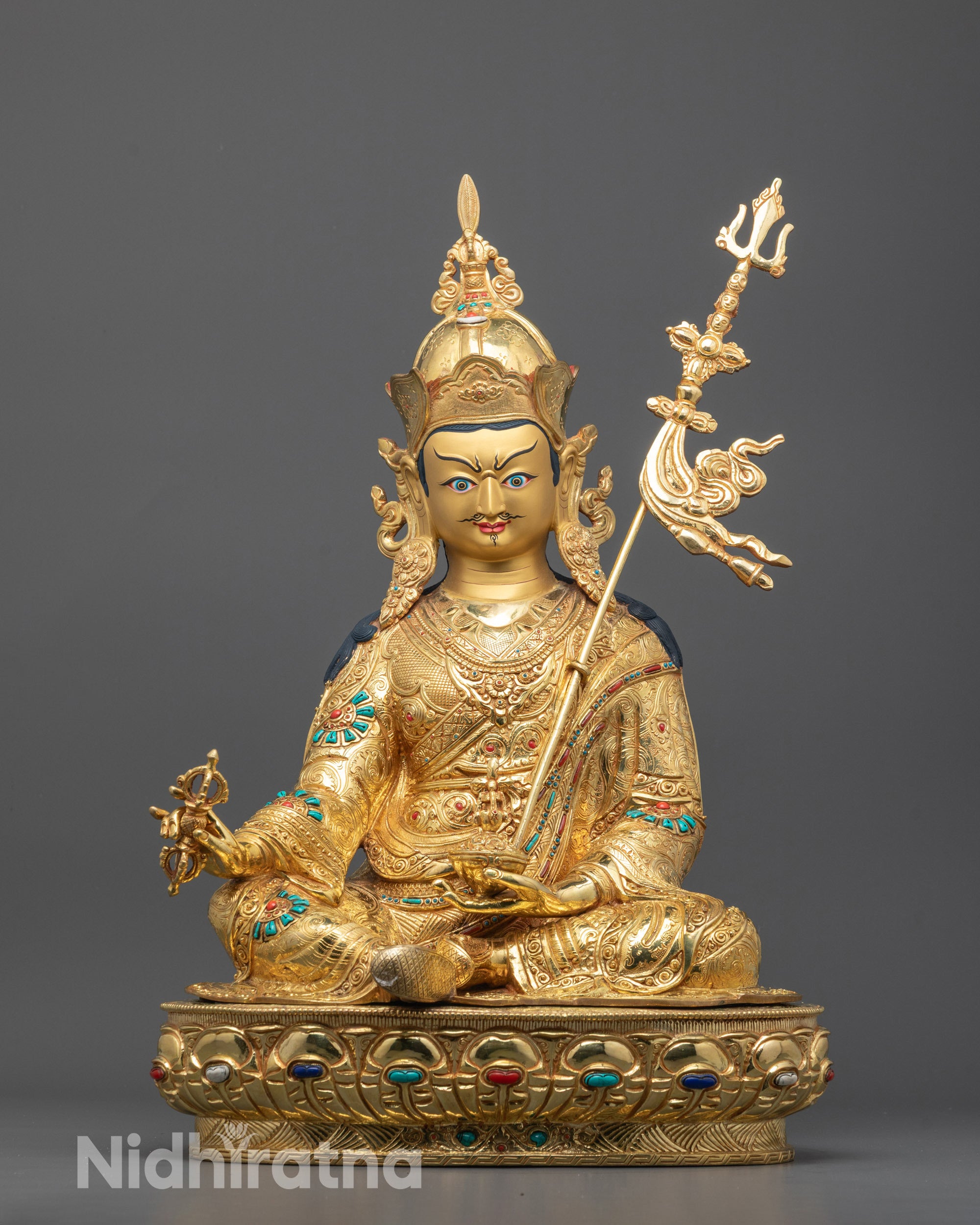 Front View of Hand-Carved Guru Rinpoche Statue with 24k Gold Gilded Face