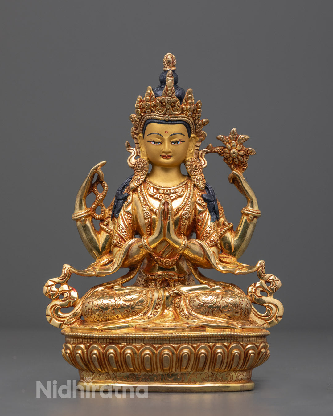 Handcrafted Chenrezig Statue with 24k Gold Gilding and Acrylic Colors – Tibetan Buddhist Bodhisattva of Compassion