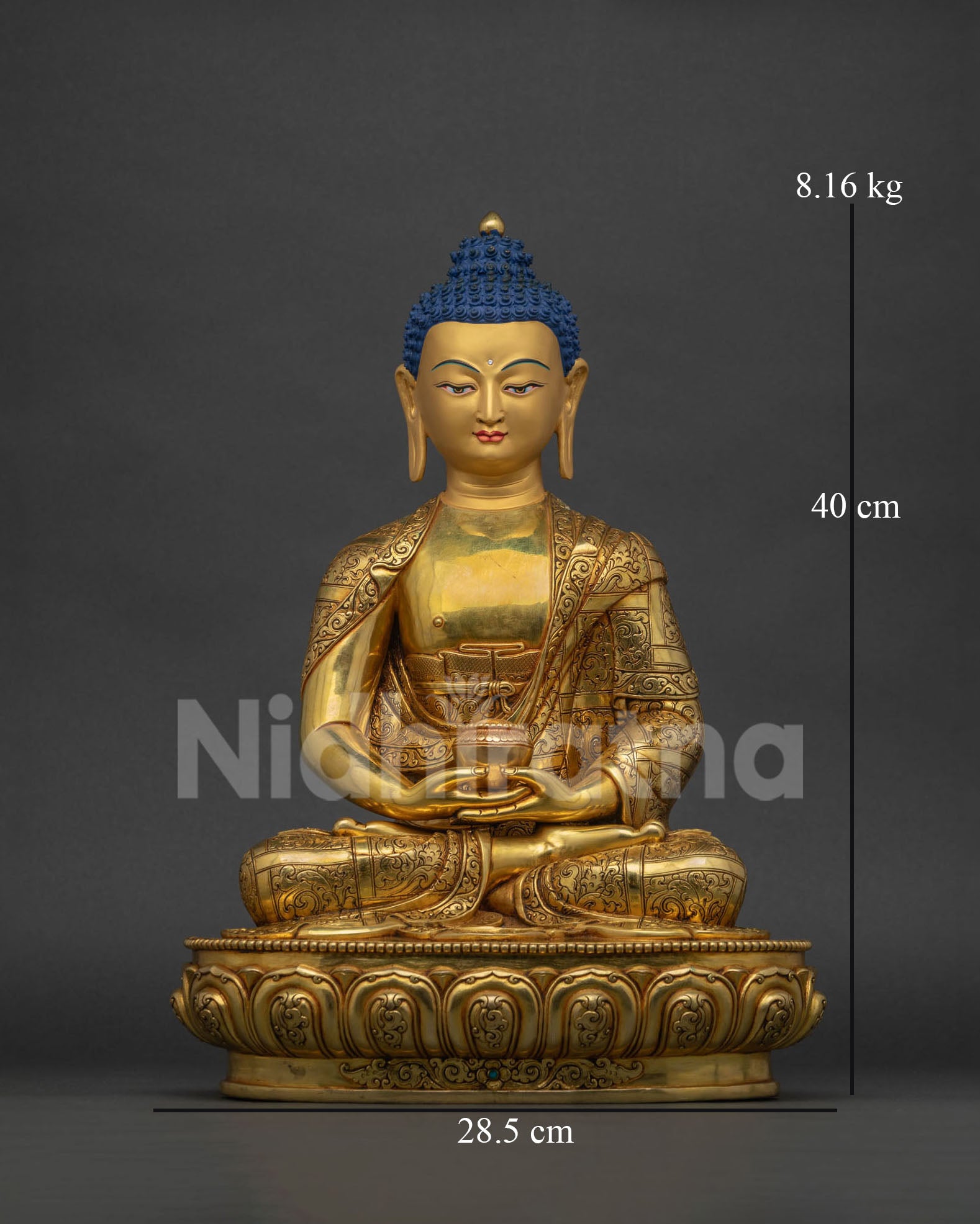 Amitabha Buddha statue in dhyana mudra with alms bowl on lotus throne, Nepal handmade