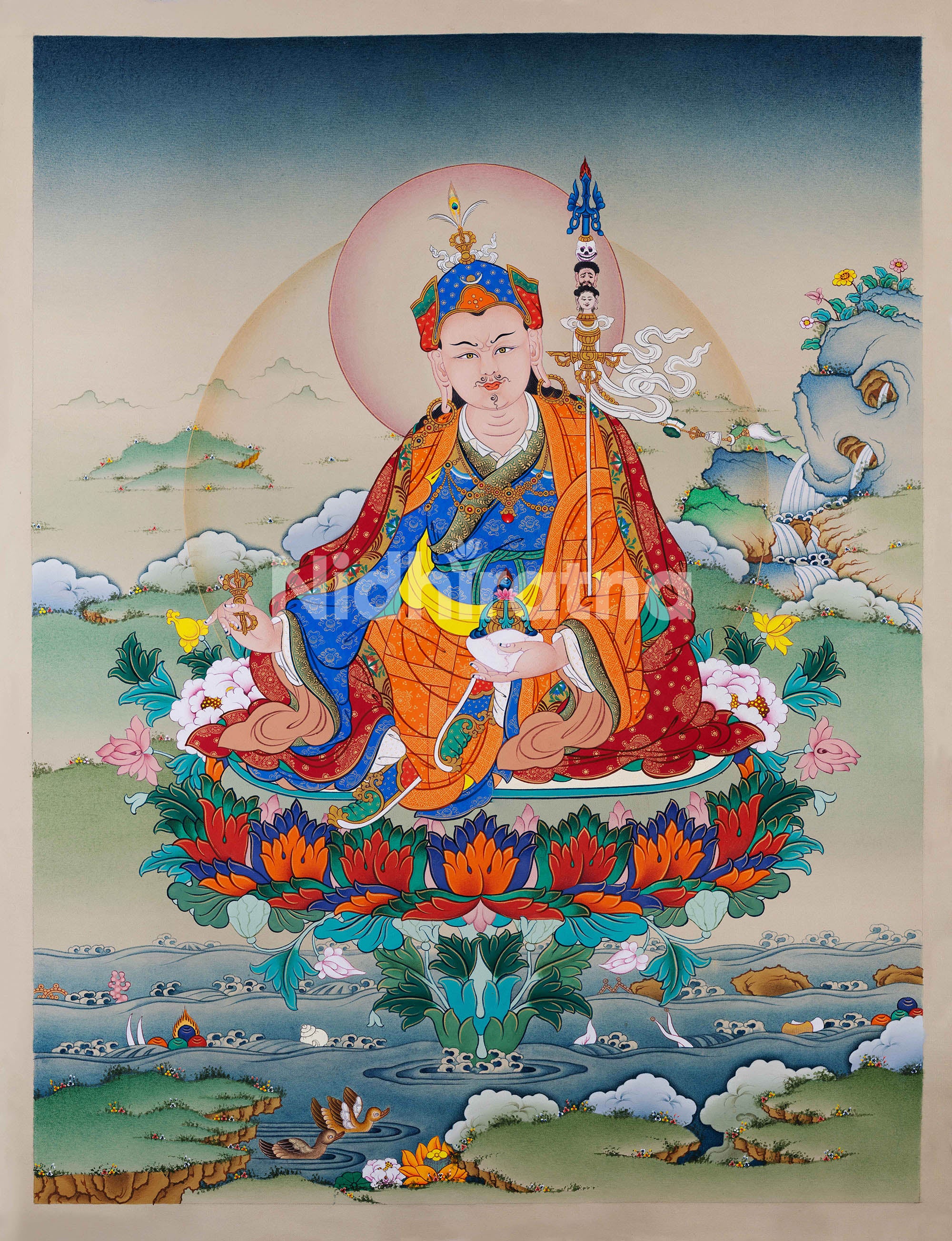Front close-up of Guru Rinpoche’s calm face with lotus crown in detailed Thangka print