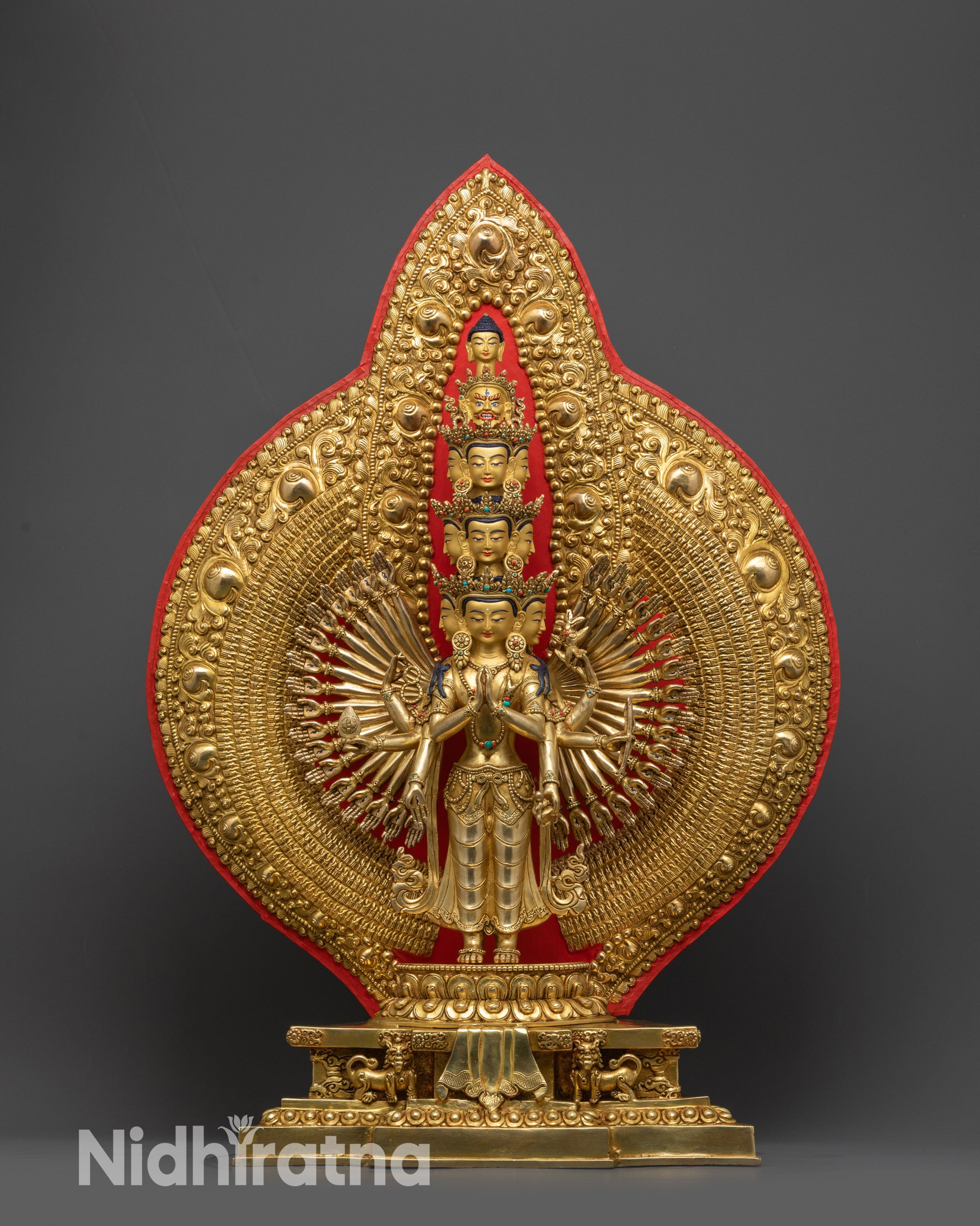Front view 1000-Armed Chenrezig Statue with lotus seat and gold-gilded body