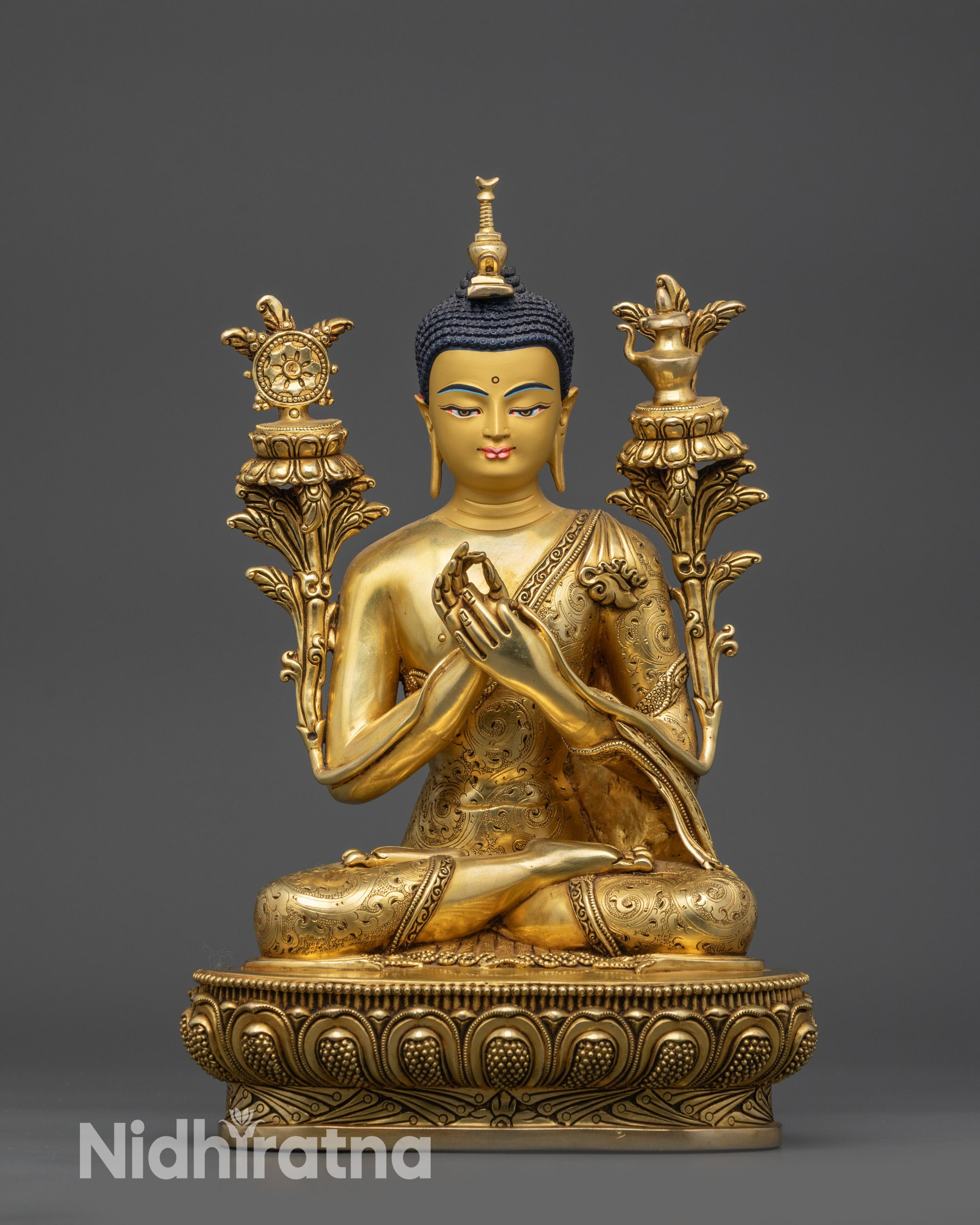 Front view 12-inch Gold-Gilded Maitreya Buddha Statue on lotus pedestal