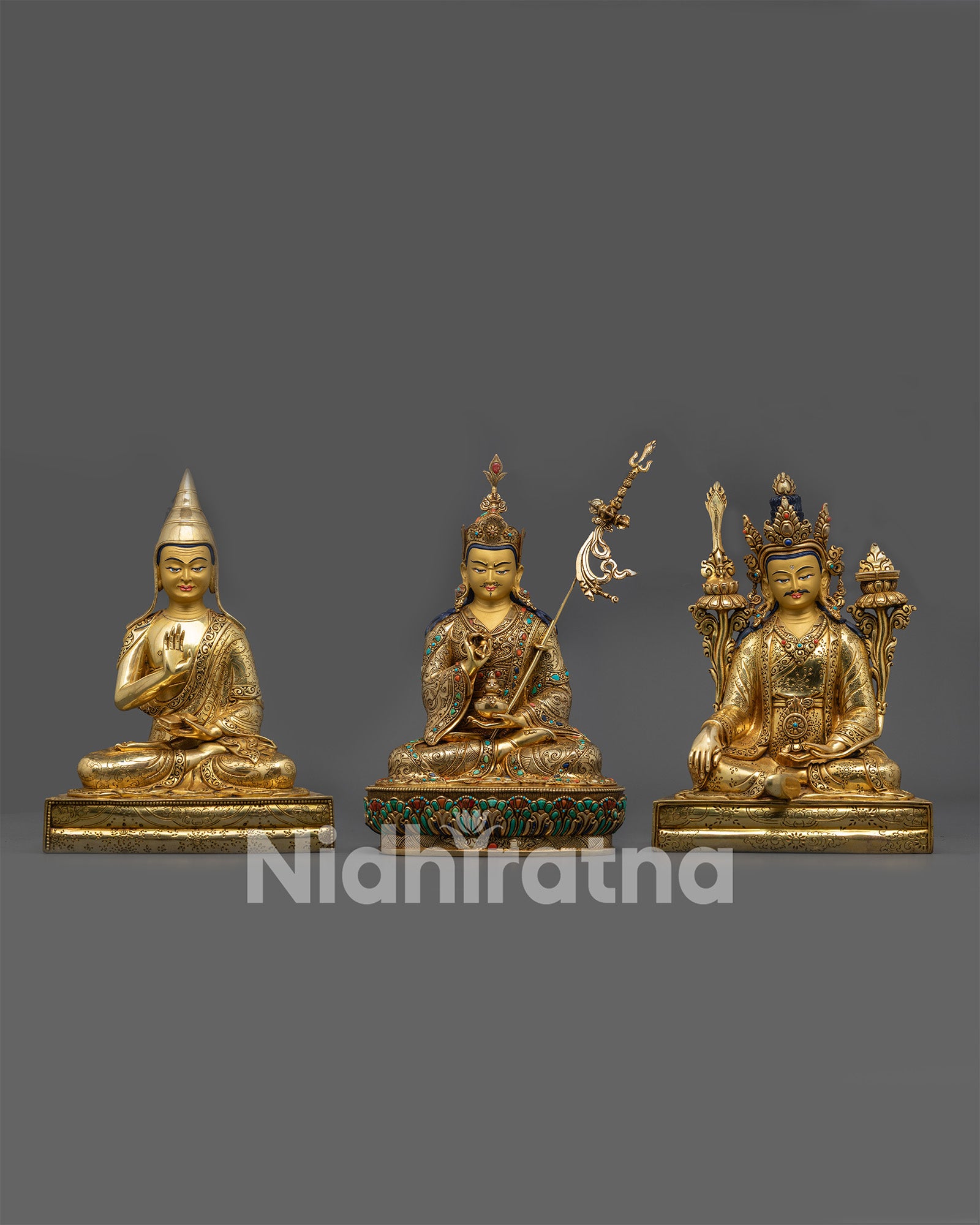 Front view 12" Guru Tsokye Dorje Set gold fire-gilded sculpture with Santaraksita & Trisong