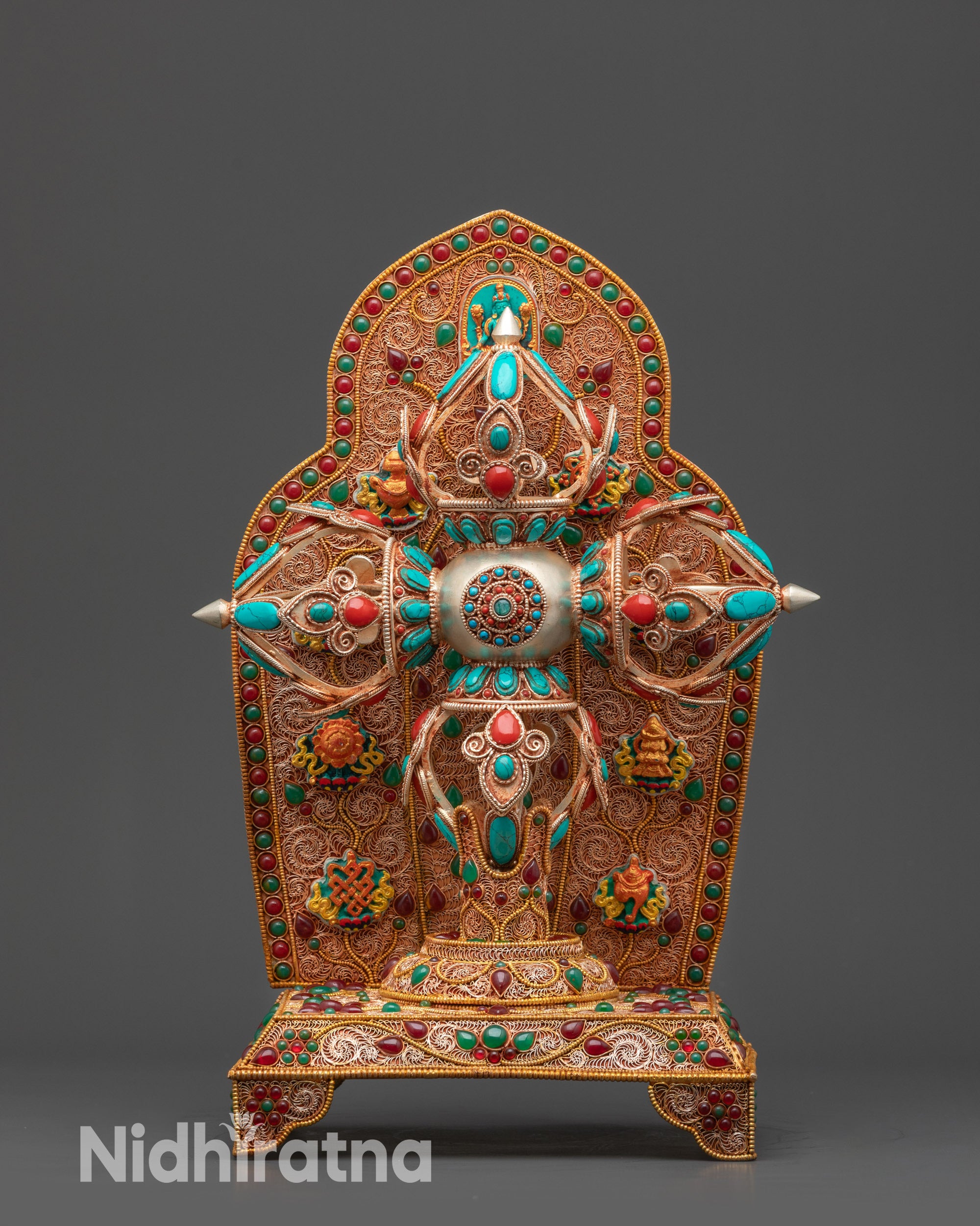 Front view 13-inch Enthroned Bishwo Vajra on gold-copper throne with gemstones and filigree