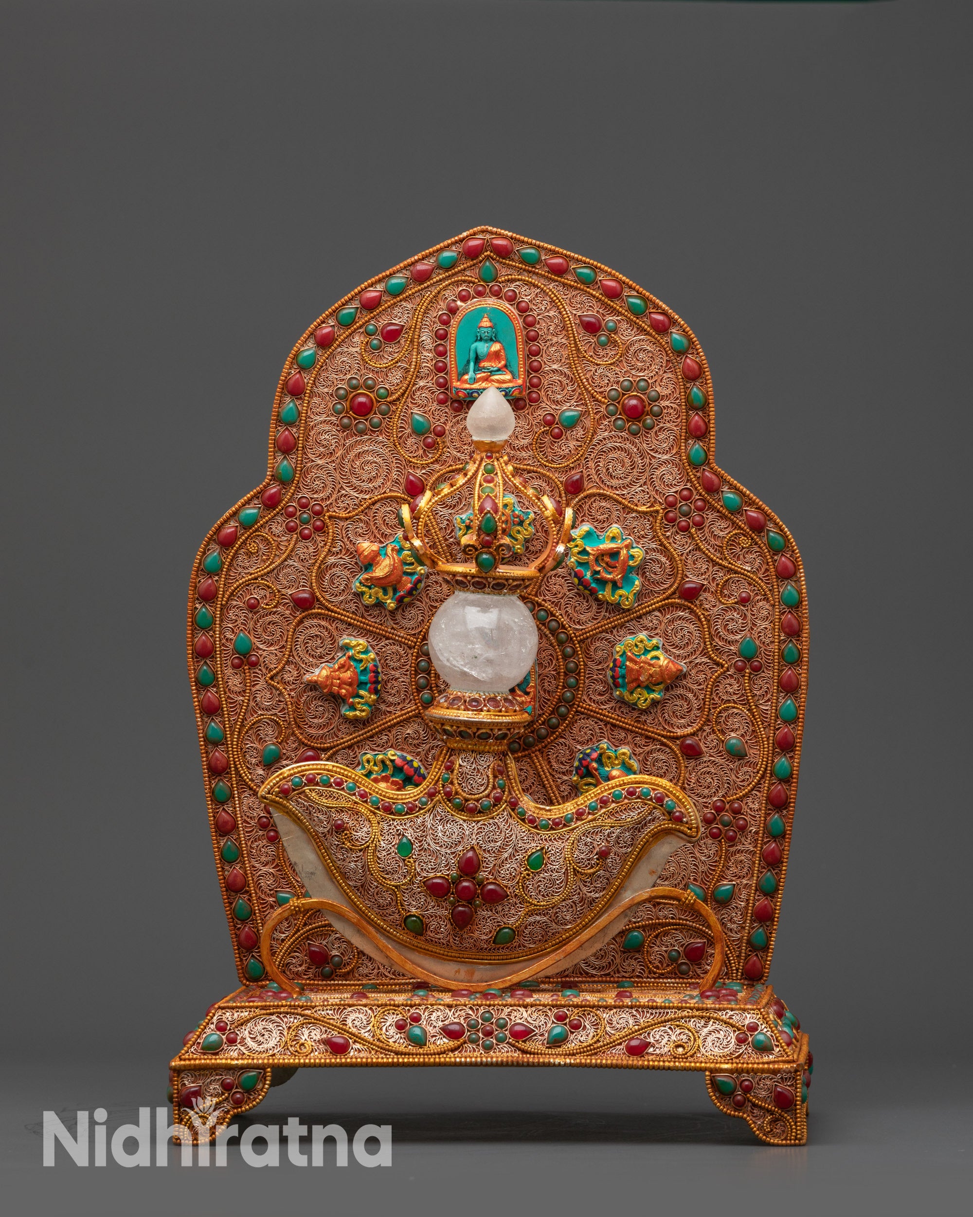 Front view 13" Hand-Carved Kartika Ritual Dagger on gold-copper filigree throne with gemstones