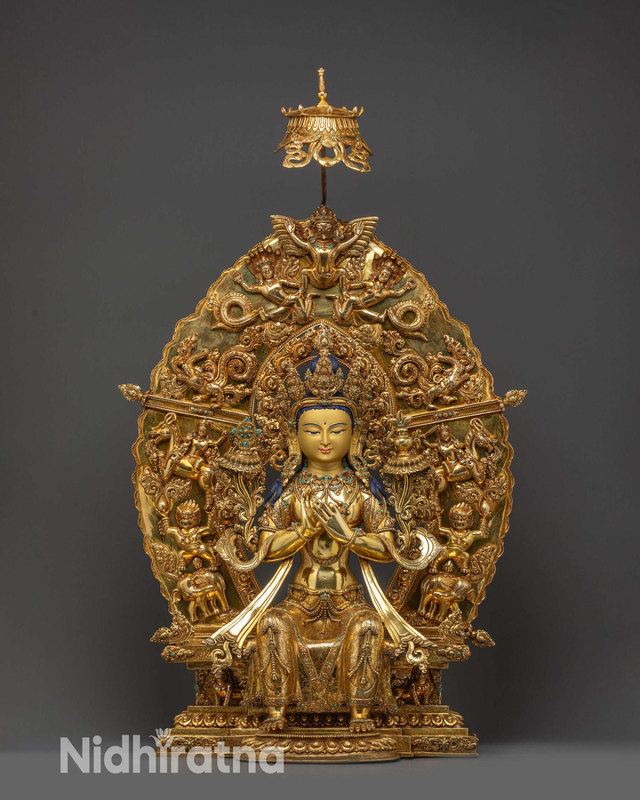 Front view 33-inch Maitreya Buddha seated on lotus throne with dharmachakra mudra