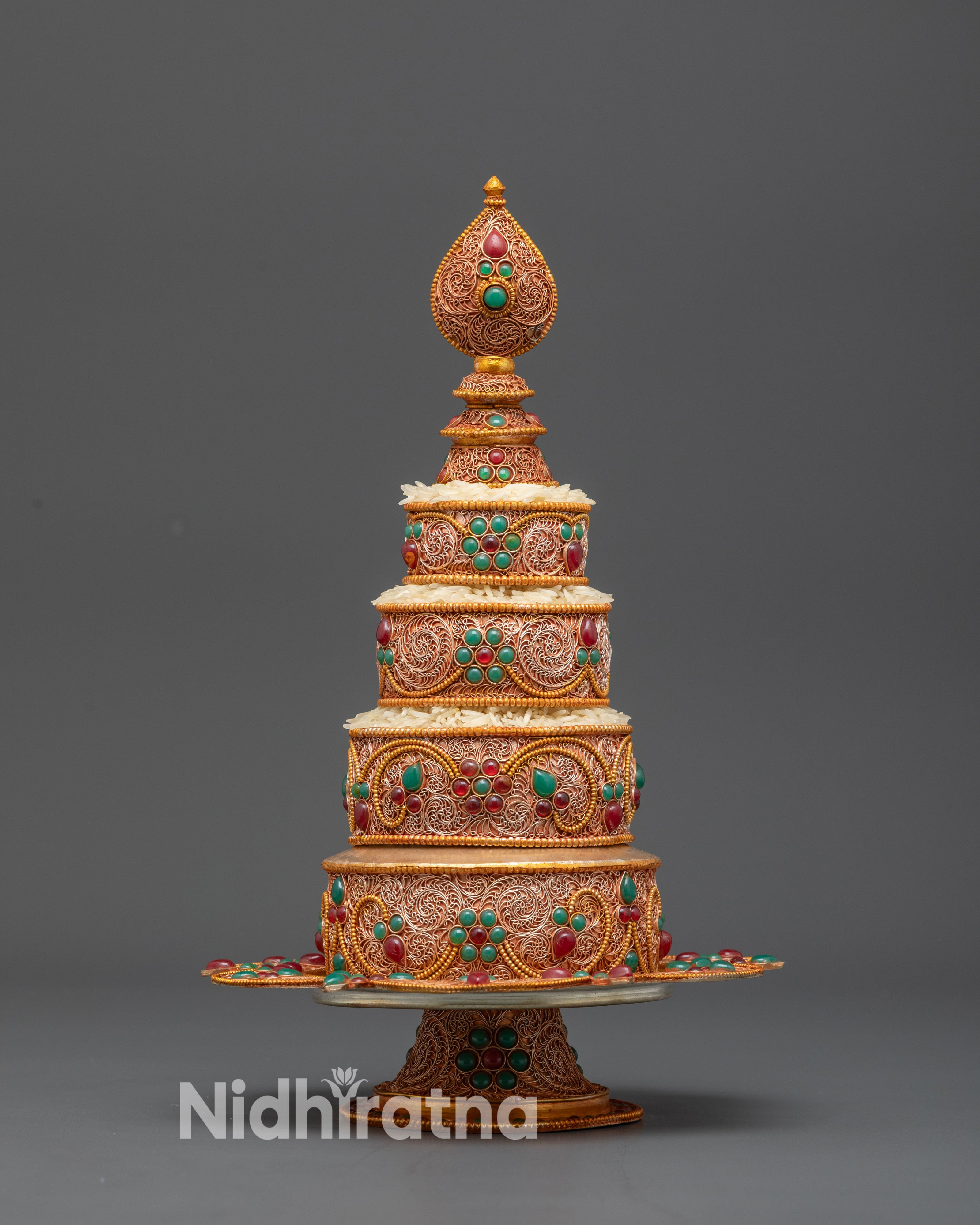 Front view 4-inch Ratna Mandala Offering Set with gold filigree and semi-precious stones