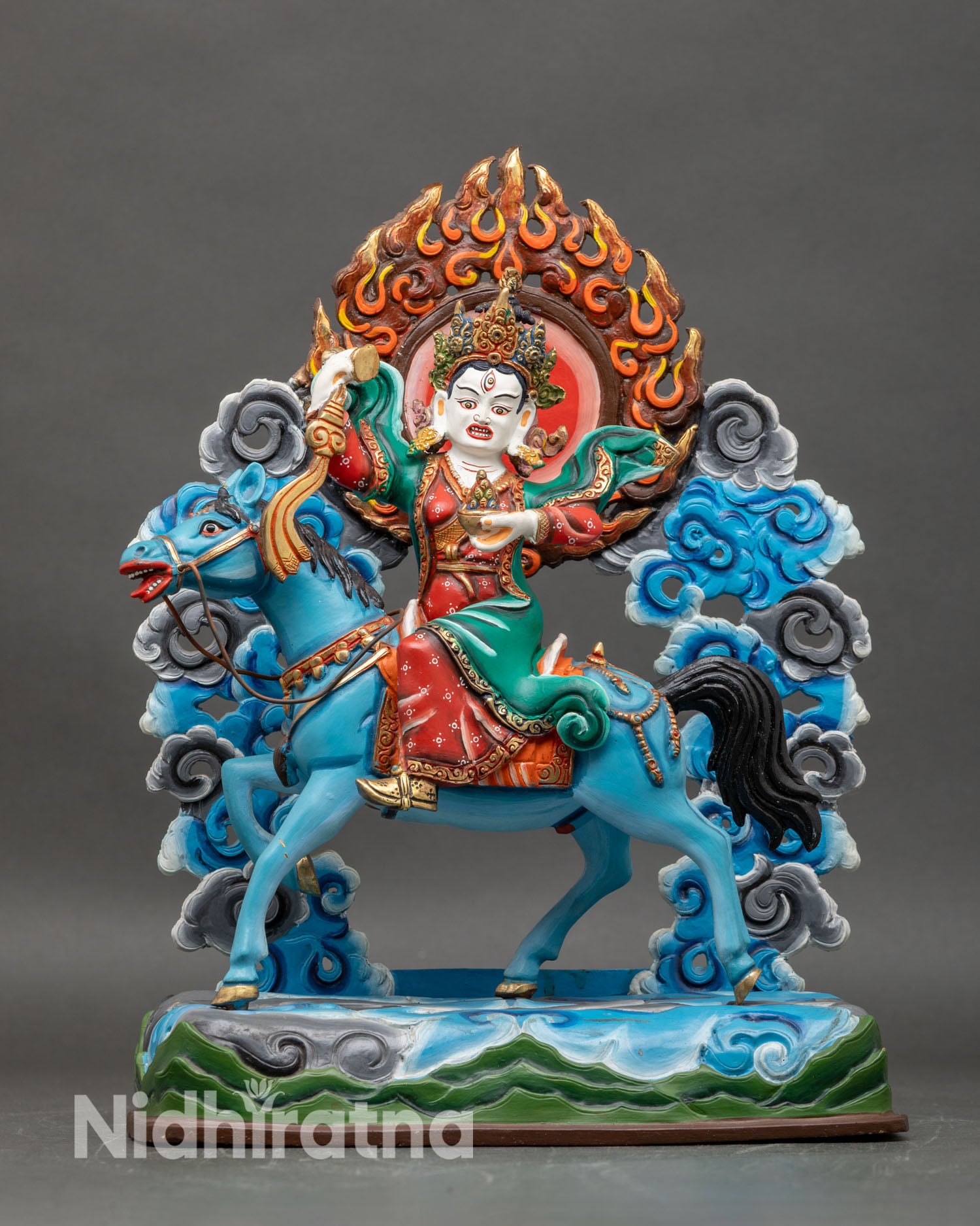 Front view of Achi Chokyi Drolma statue, seated on a colored horse, copper, vibrant hand-painted art
