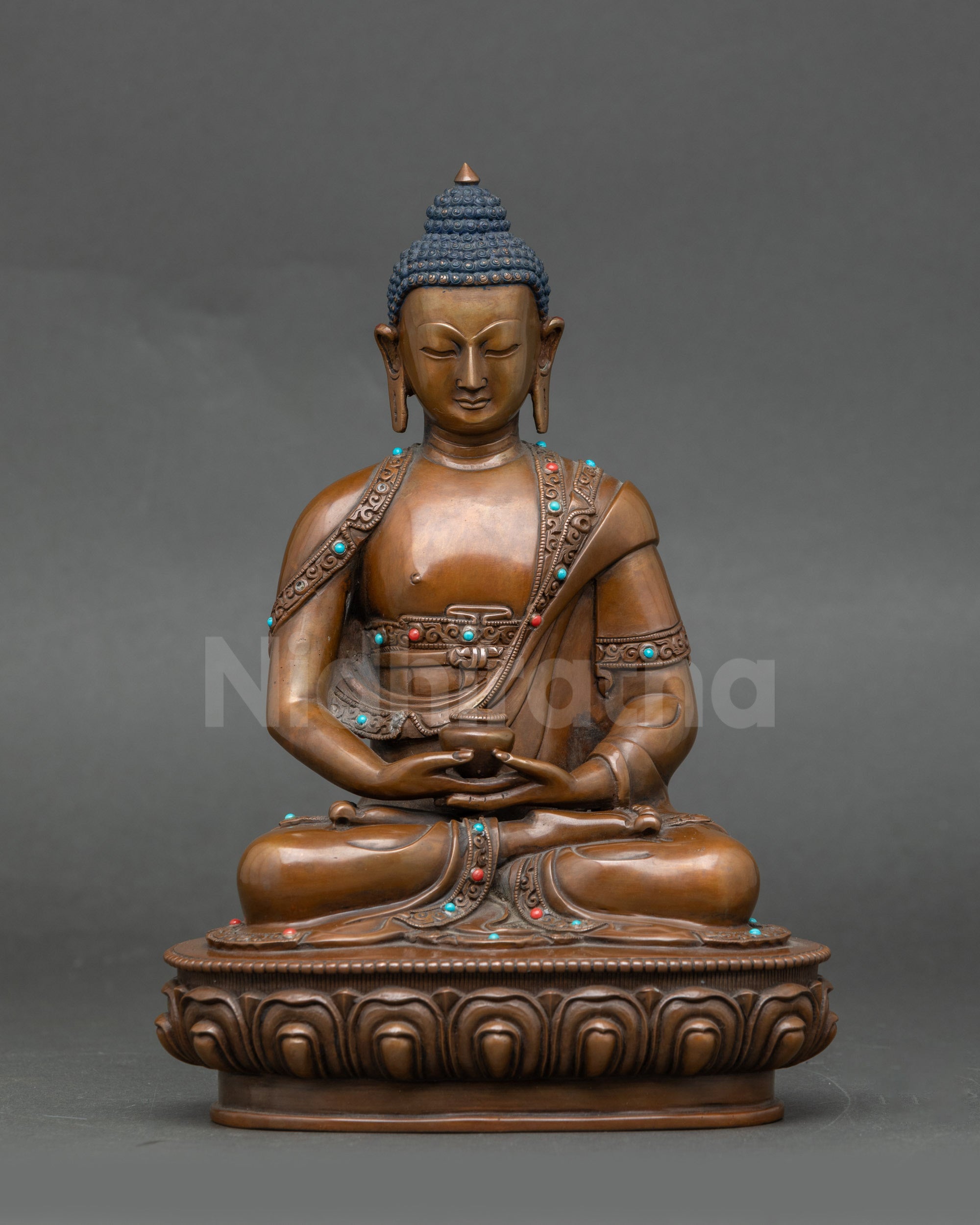Front view Amida Nyorai Buddha statue | Handcrafted Nepalese copper with semi-precious stones