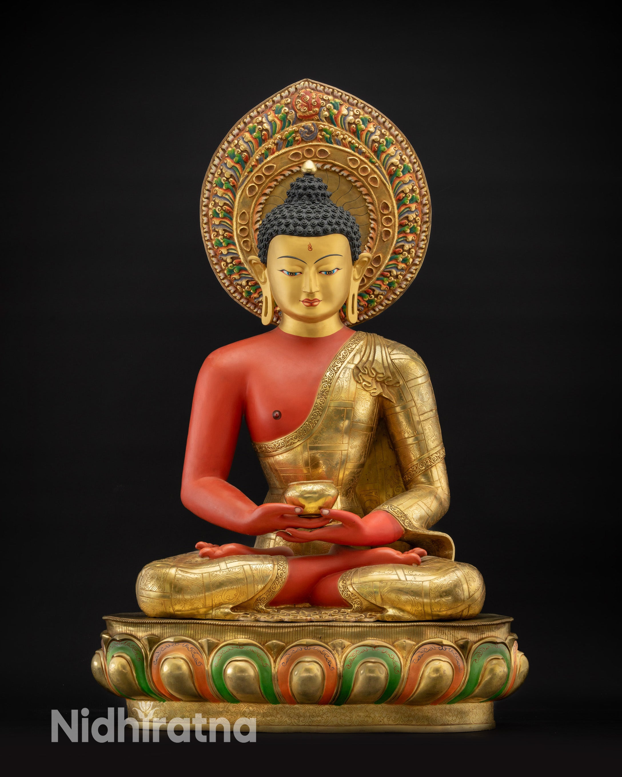 Front view Amitabha Buddha Statue showing Gold-Gilded Face and red-hued robe