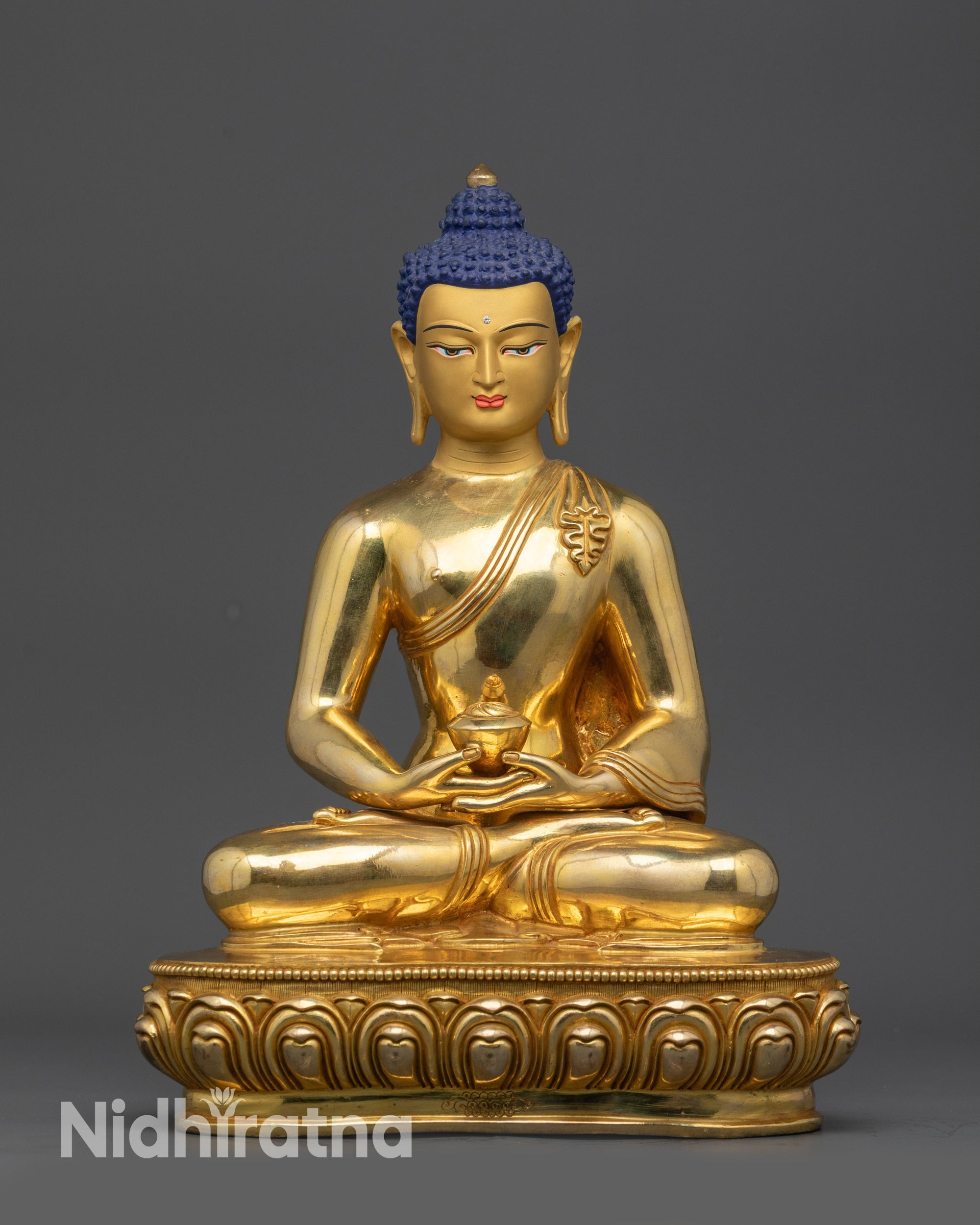 Front view Amitabha Buddha meditation statue with gold-gilded face on lotus seat