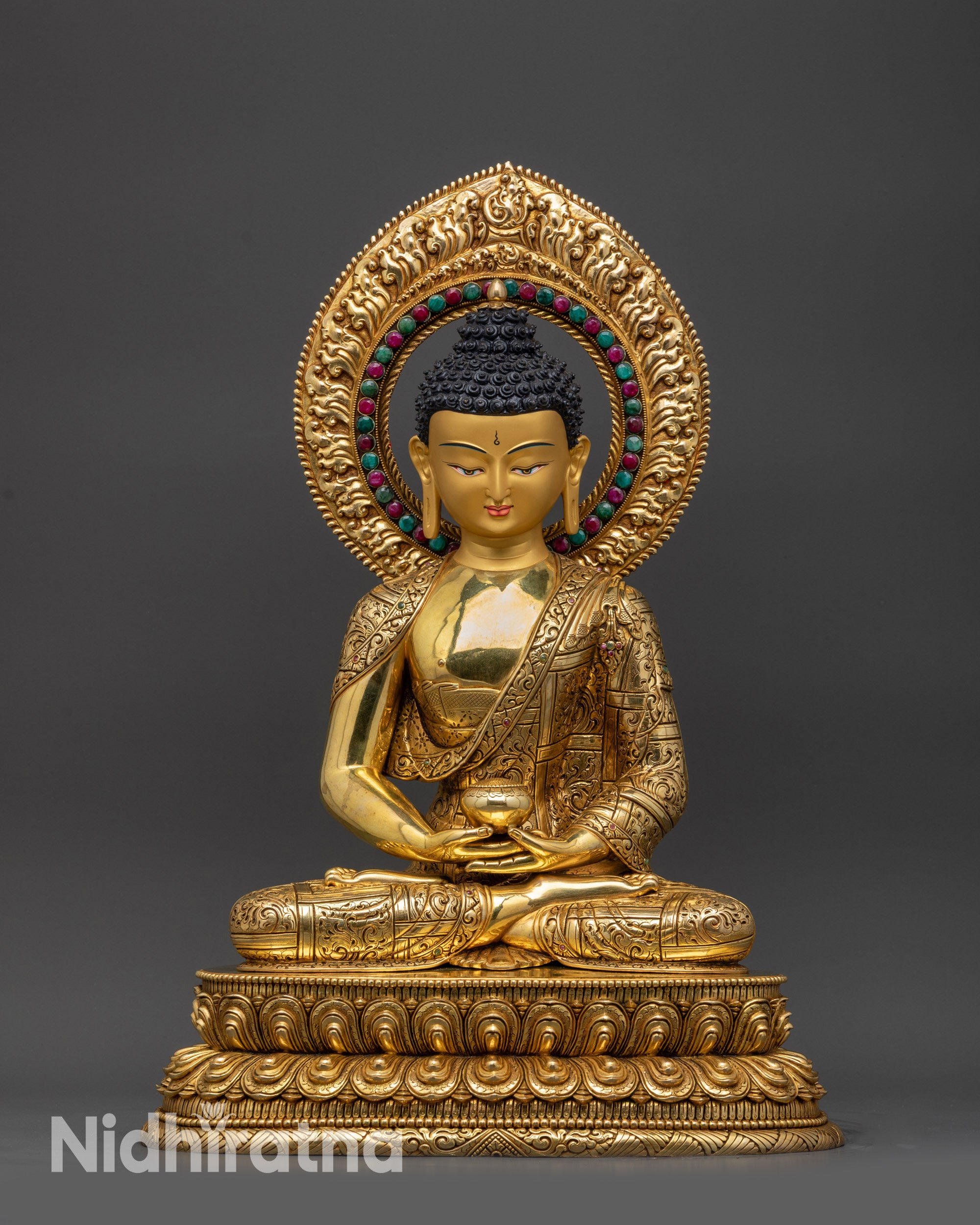 Front view Amitabha Buddha statue with double-layered lotus base and gold-gilded halo