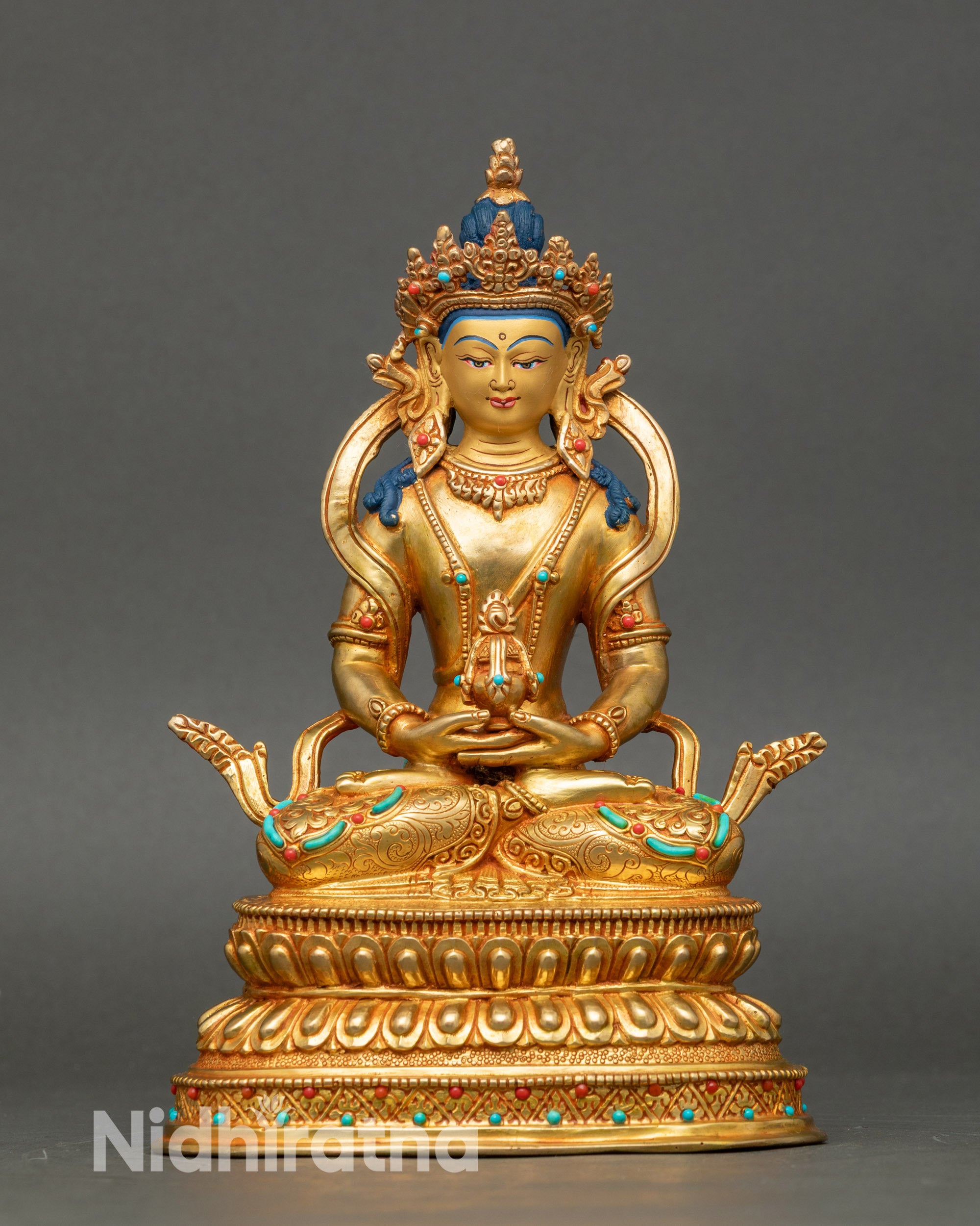 Front view Amitayus Buddha statue, fire-gilded with 24K gold, semi-precious stones, Nepal