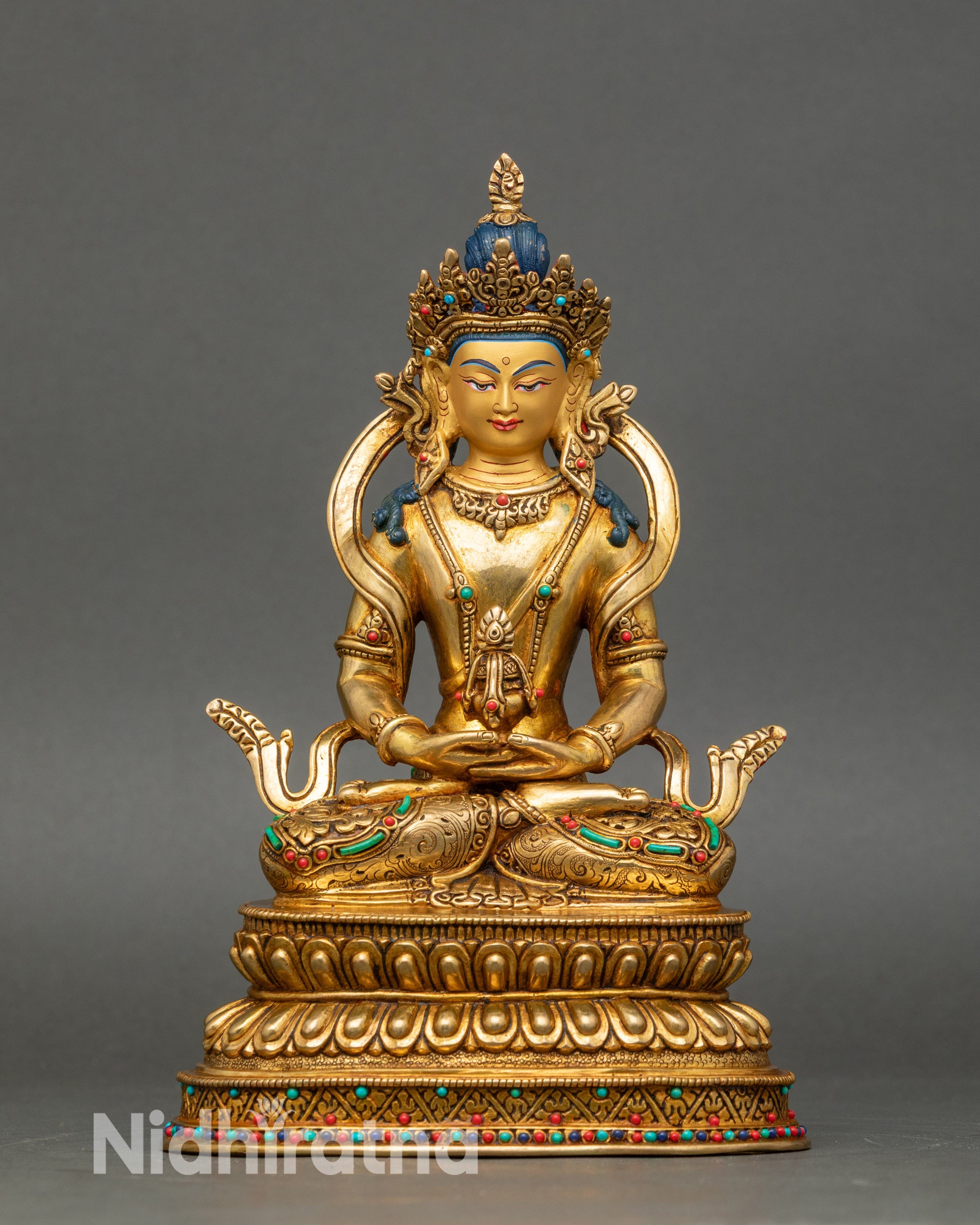 Front view Amitayus Buddha statue, gold with semi-precious stones, double lotus pedestal Nepal