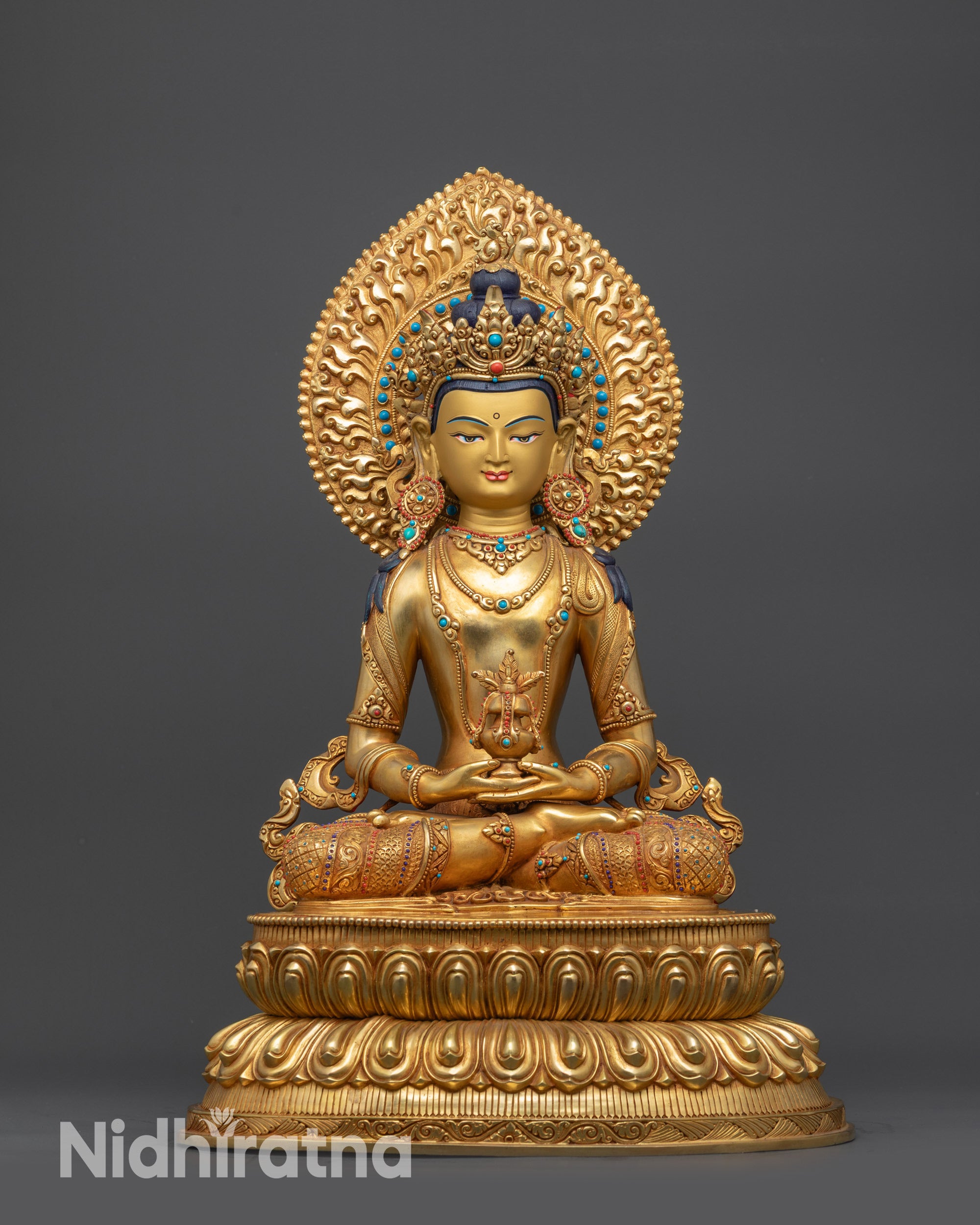 Front view Amitayus Meditation Statue with gold-gilded face and lotus pedestal