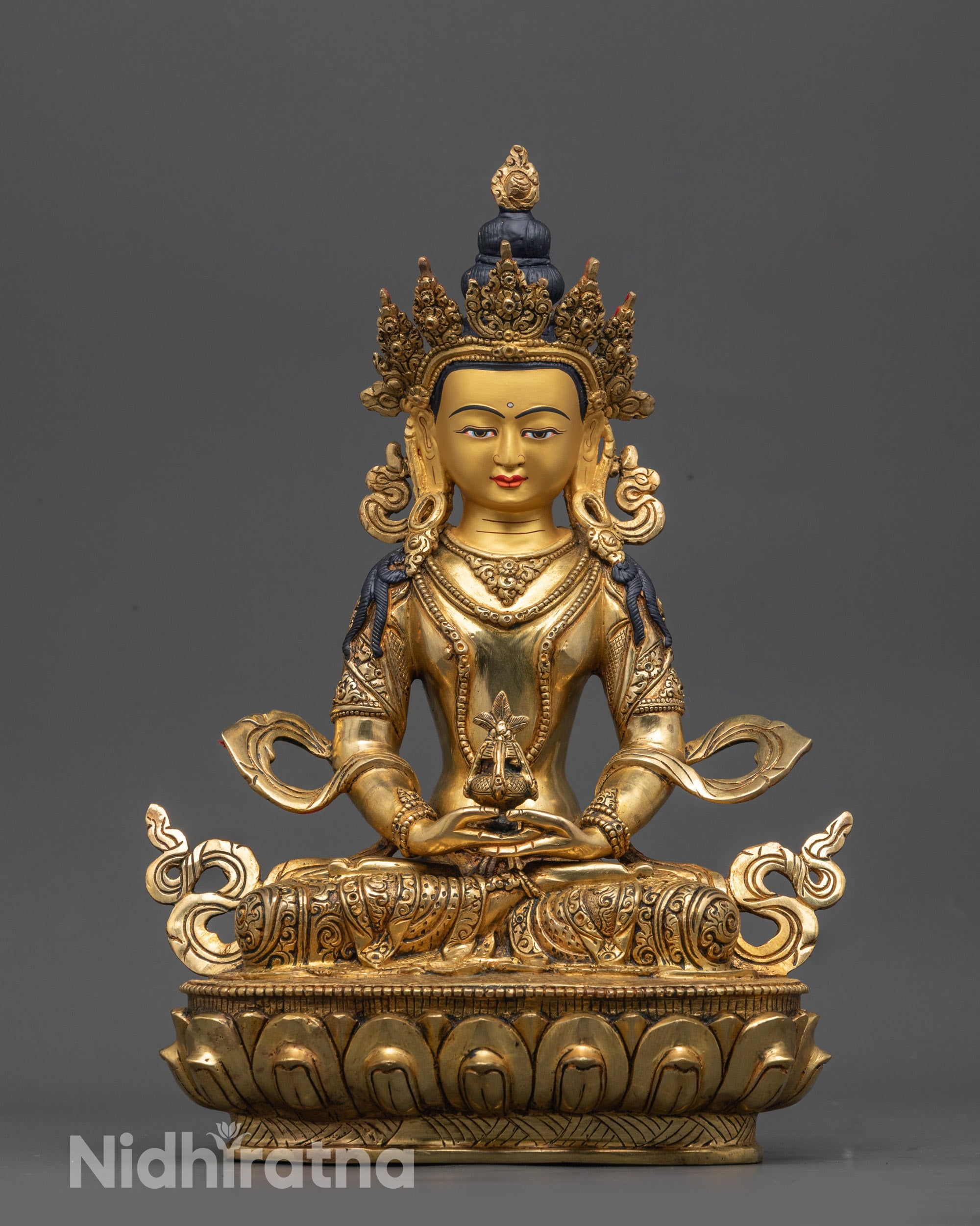 Front view Amitayus Statue with 24k gold gilding on copper base, lotus seat, Nepal art