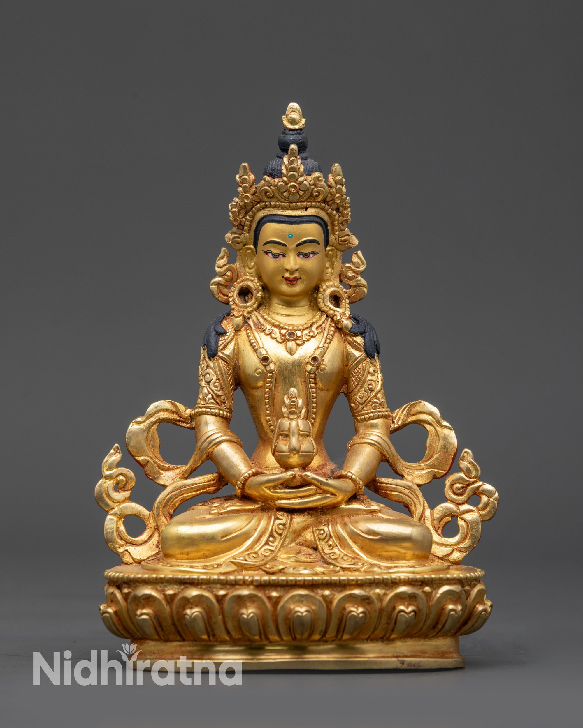 Front view Amitayus Statue with gold-gilded face and five-jewelled crown