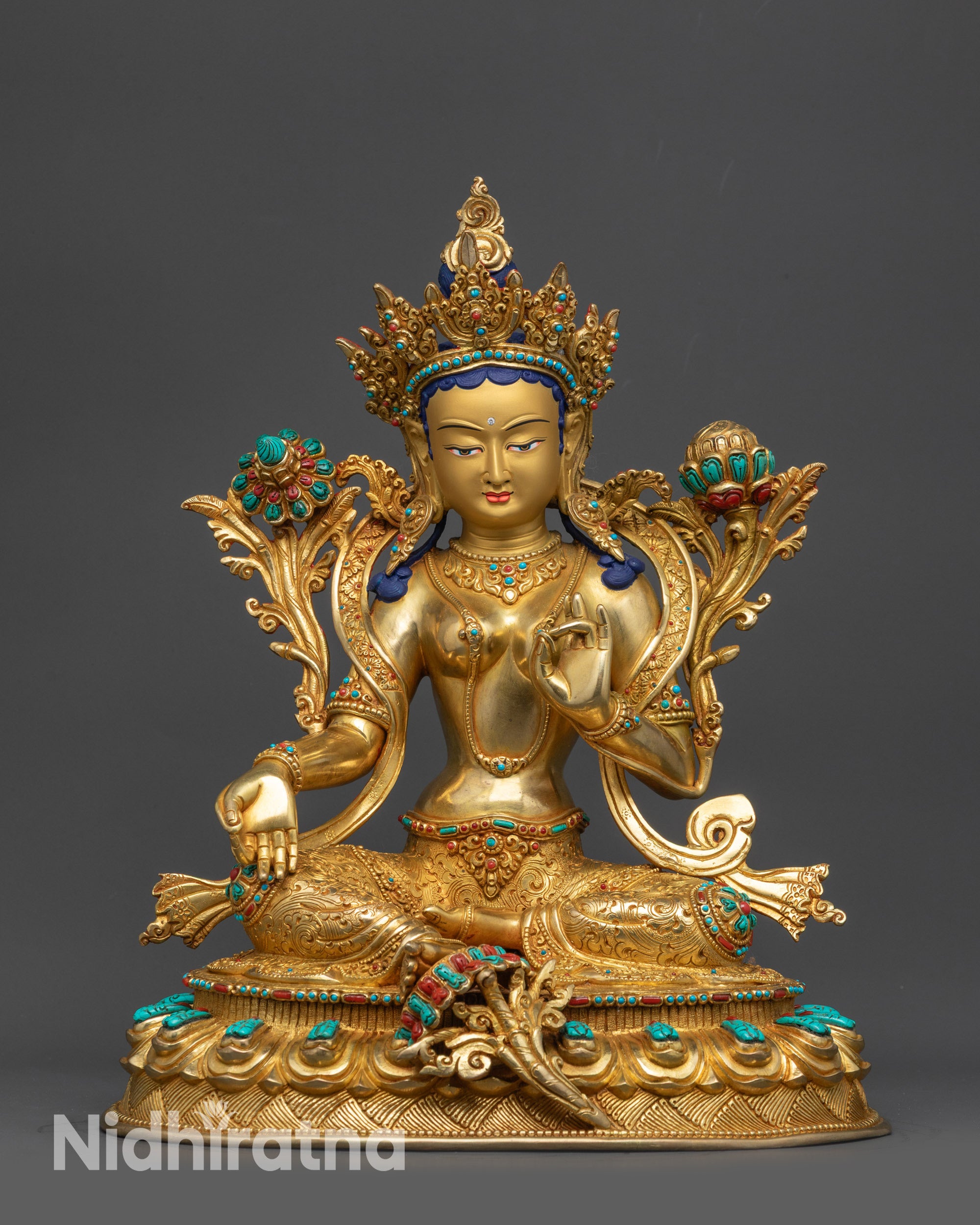 Front view Authentic Nepalese Green Tara statue on gold-gilded copper base