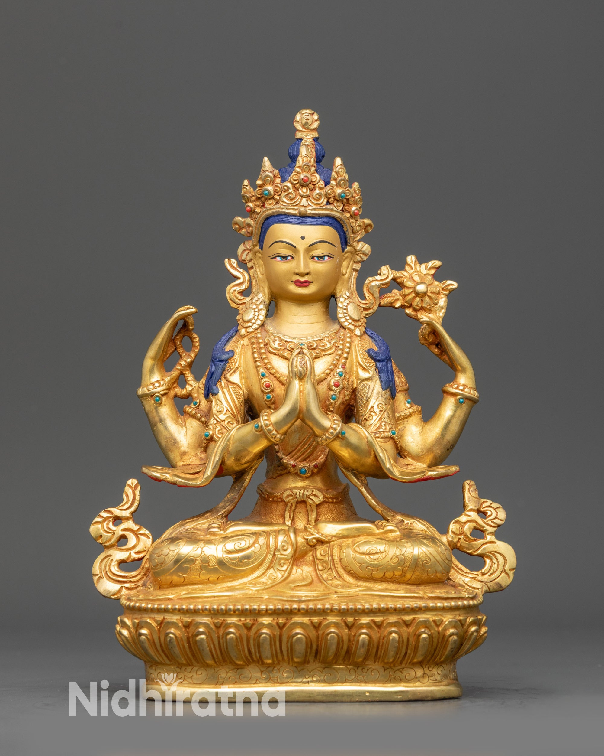 Front view Avalokiteśvara Chenrezig Statue with lotus seat and gold fire-gilding
