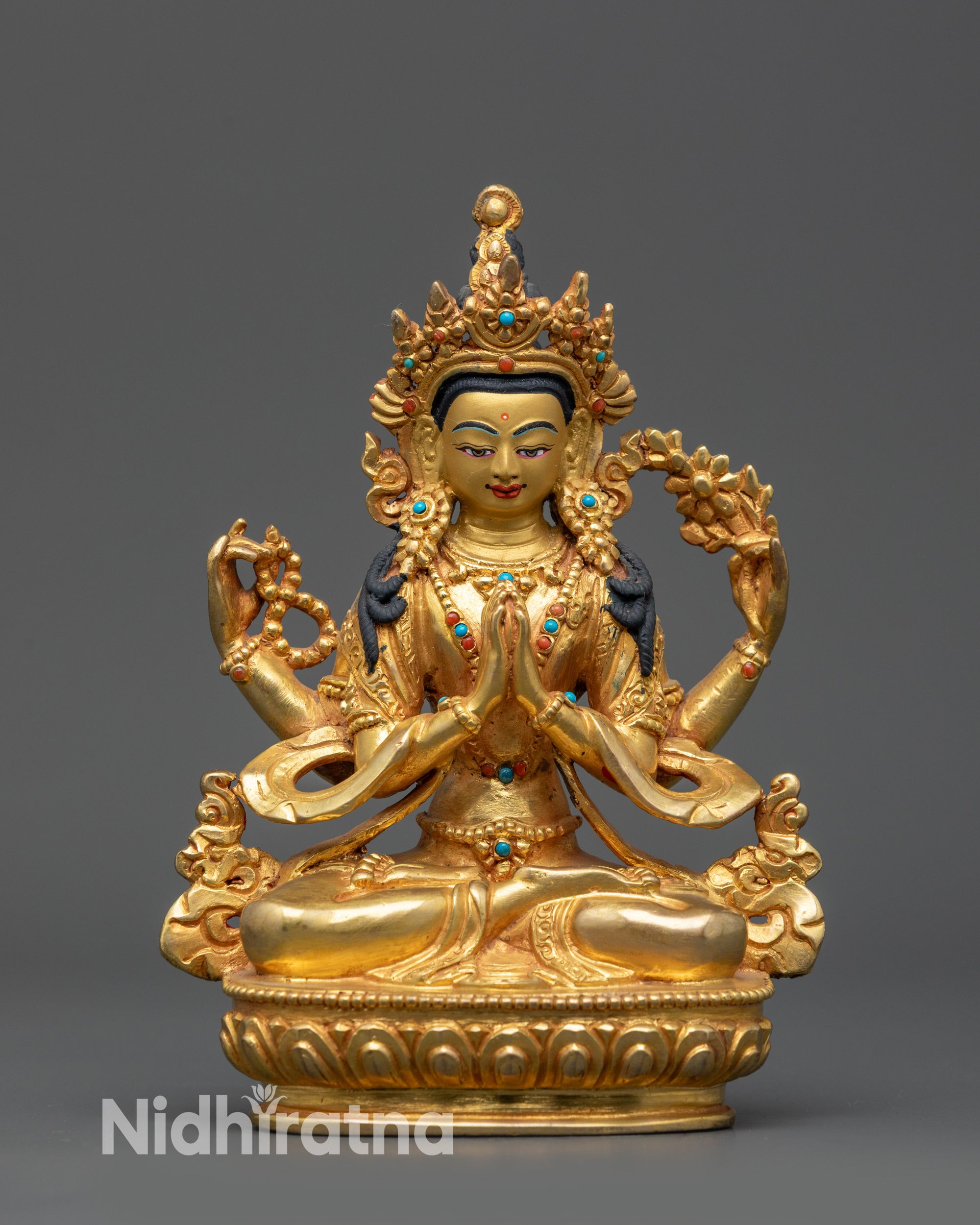 Front view Avalokiteshvara Chenrezig Statue seated on lotus throne, Tibetan Buddhist deity