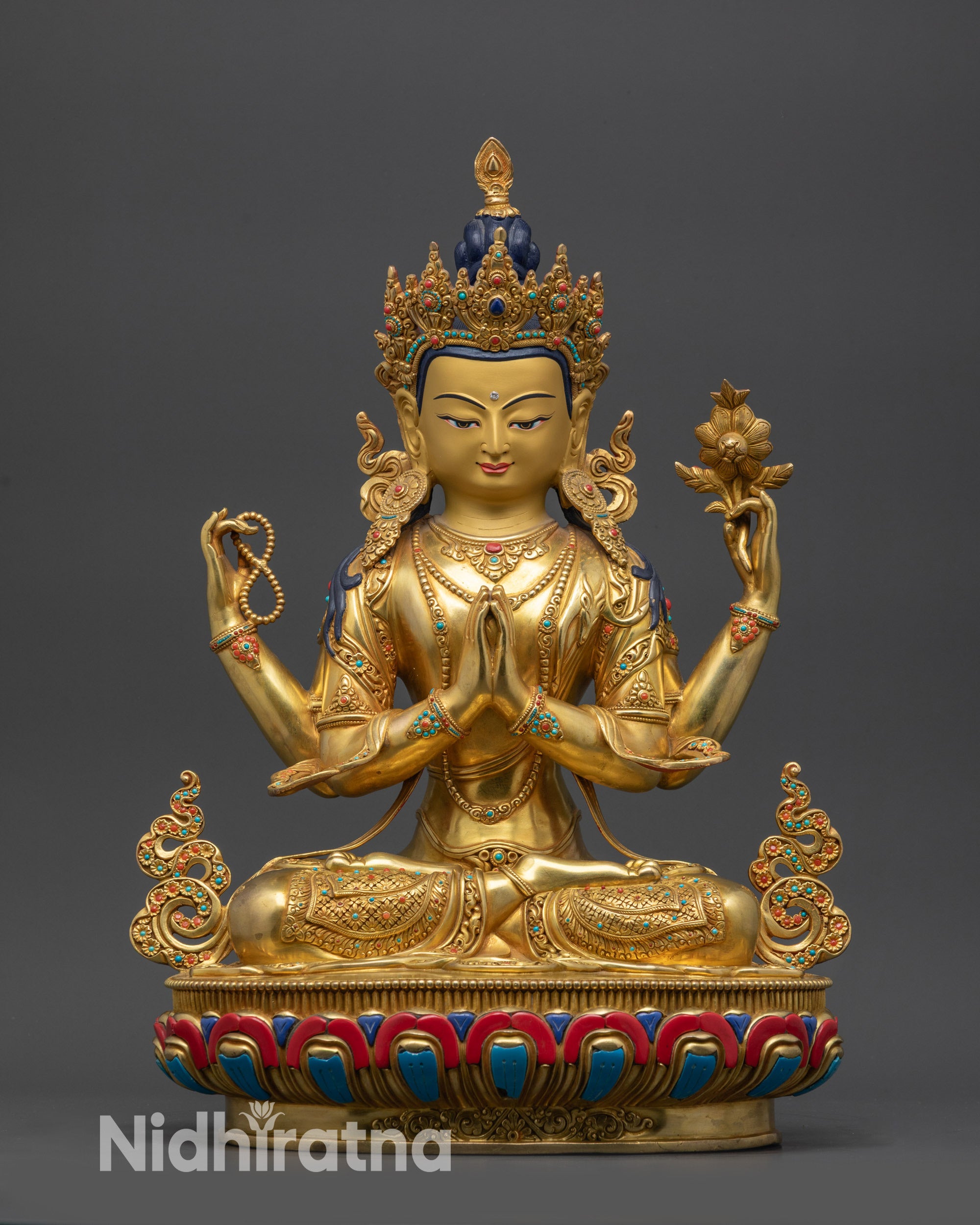 Front view Bodhisattva Chenrezig statue on lotus seat with gold-gilded finish
