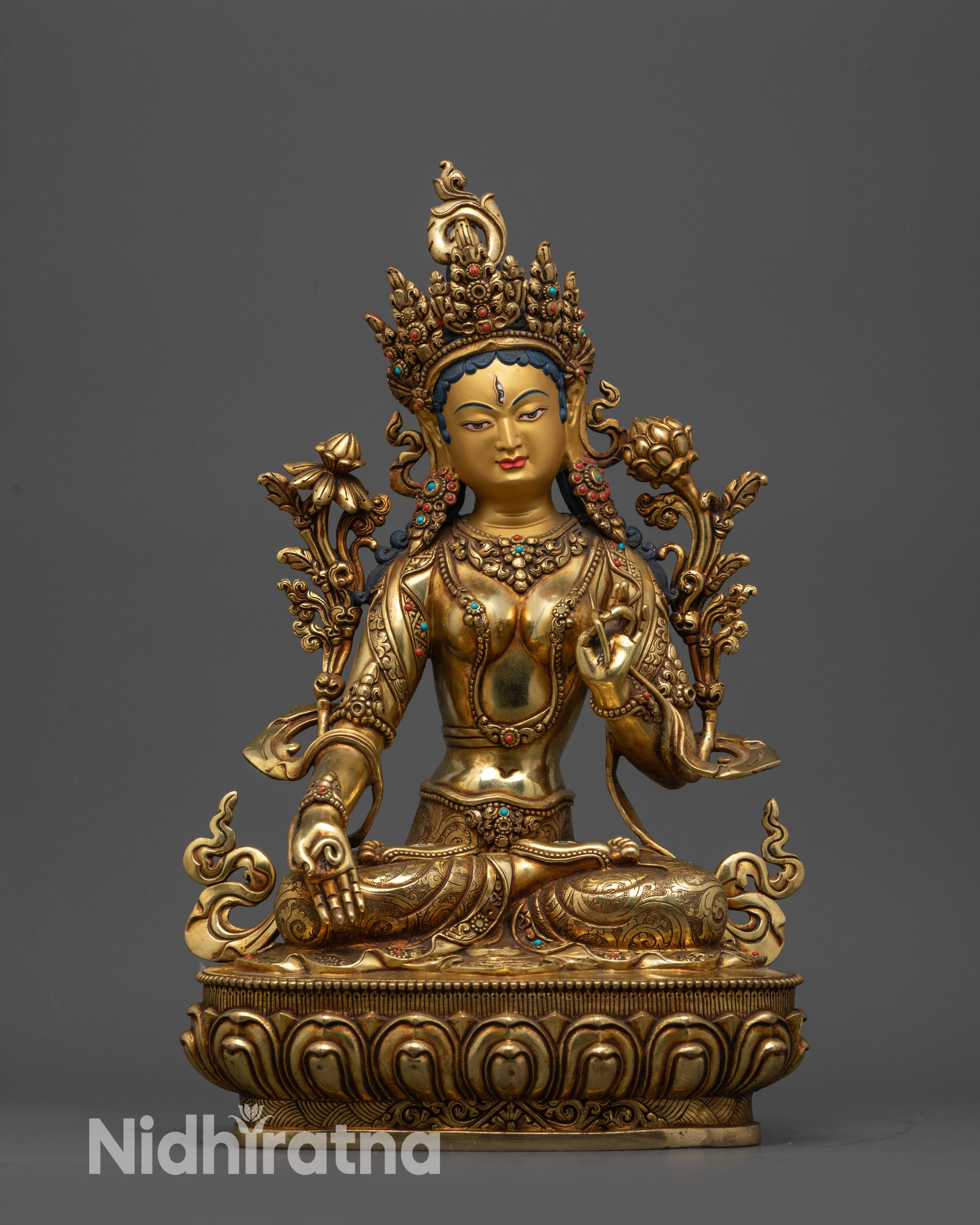 Front view Brilliant White Tara Statue with gold-gilded face and lotus seat