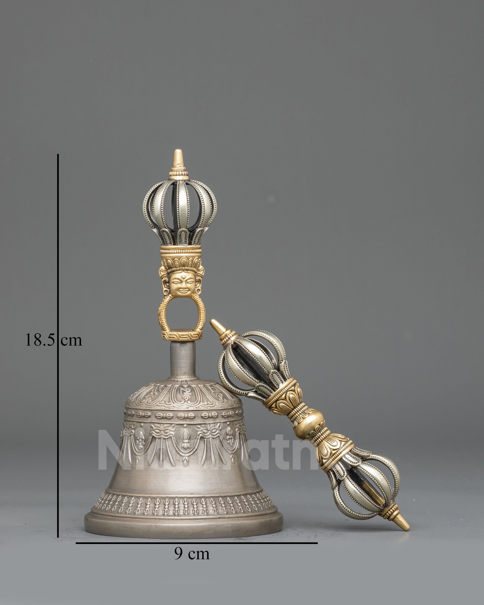 Front view Bronze and Copper Vajra & Bell Set for Buddhist Puja and Meditation
