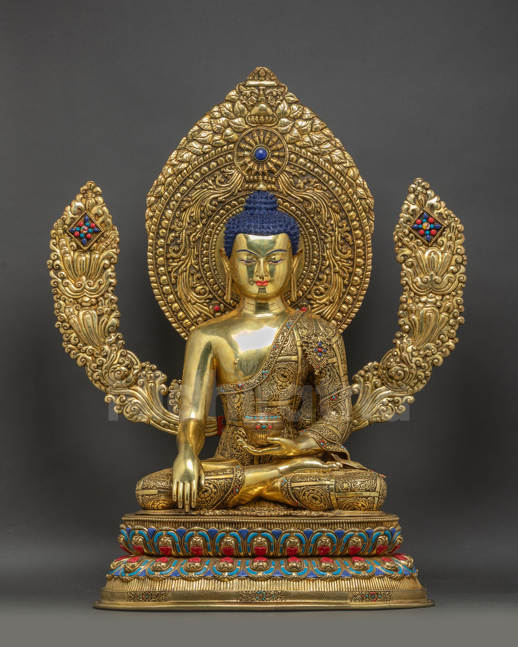 Front view Buddha Shakyamuni Statue on double-layered lotus seat with halo and gold-gilding