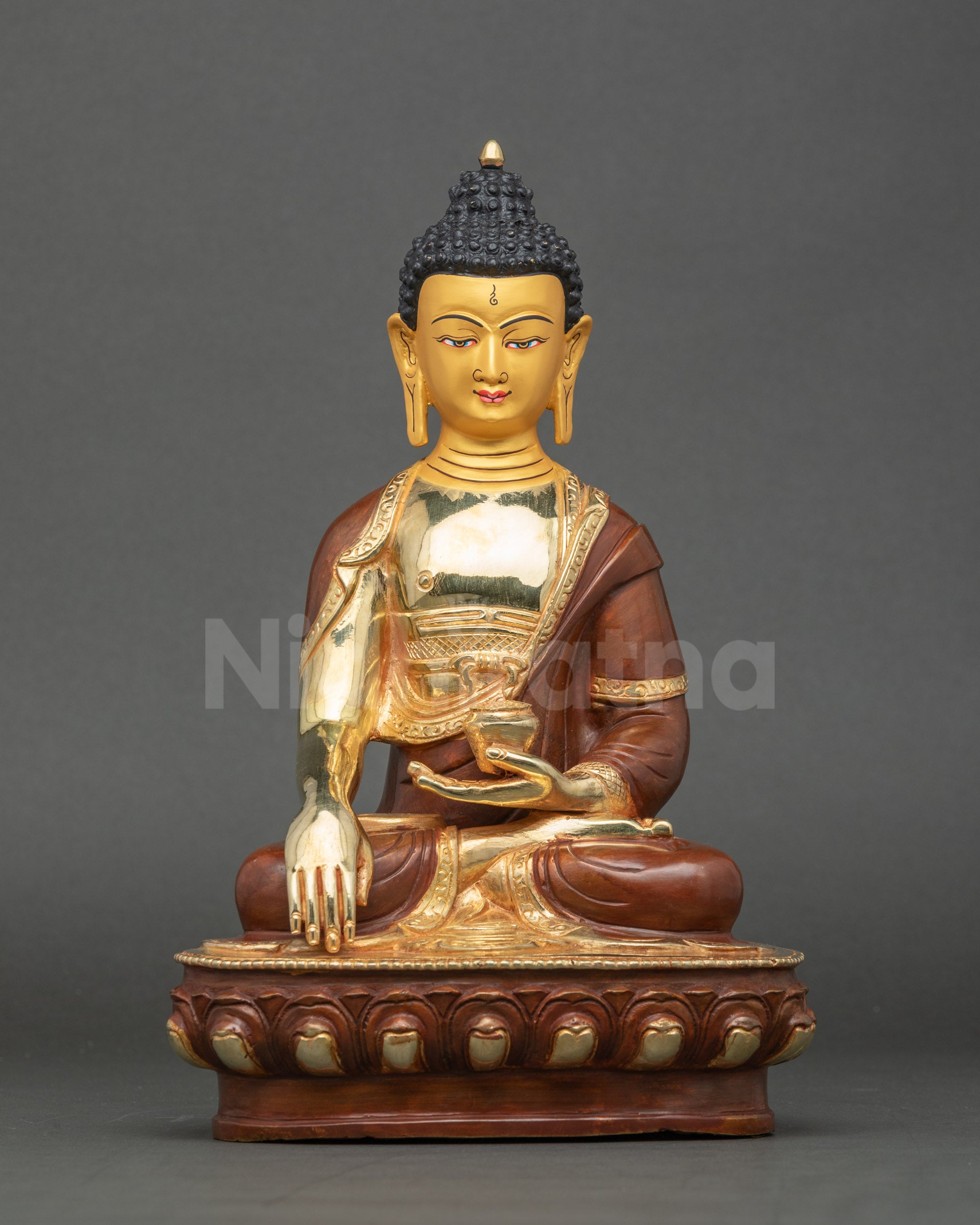 Front view Buddha Shakyamuni statue copper with gold finish handmade Nepal