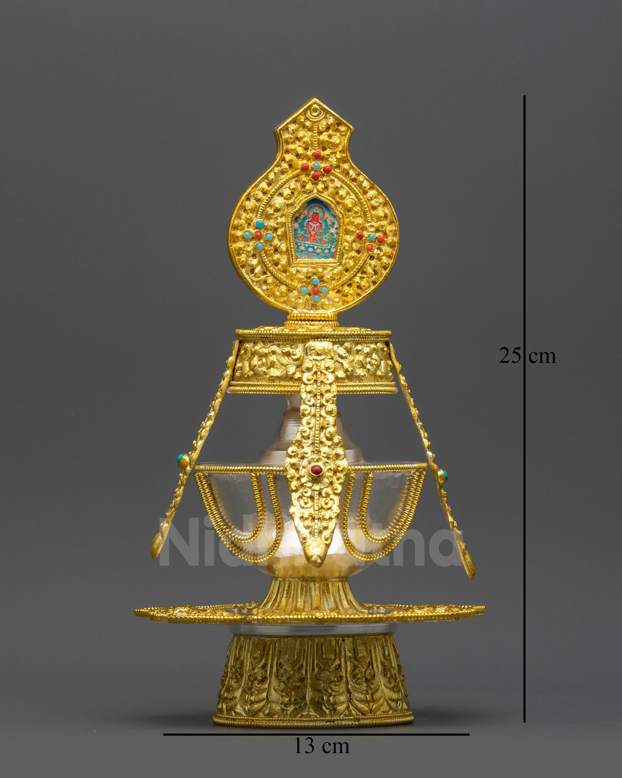 Front view Buddhist Che Bhumba Vase Tibetan Kalasha with gold and silver plating