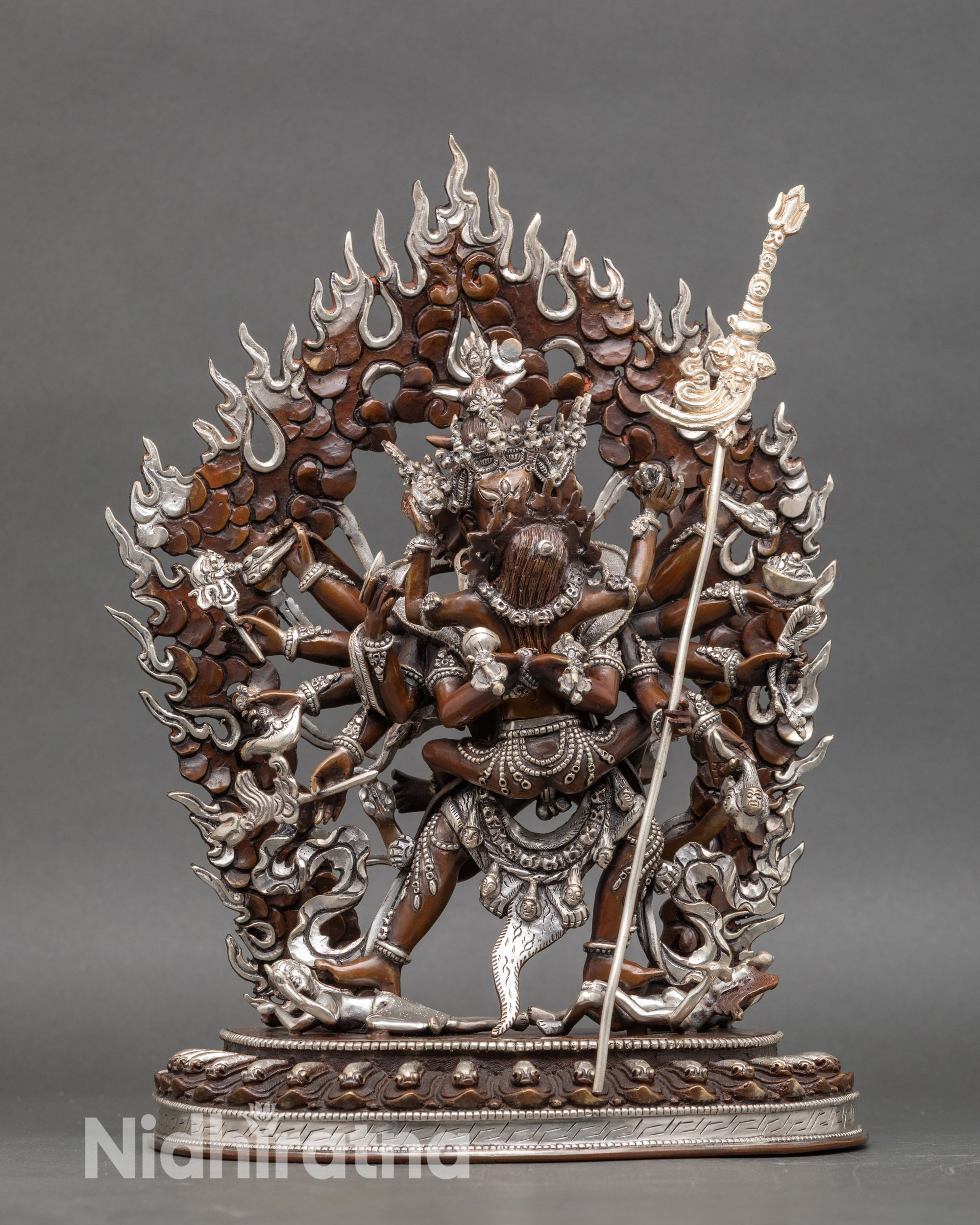 Front view Chakrasamvara Yab Yum statue oxidized silver-plated copper lotus base