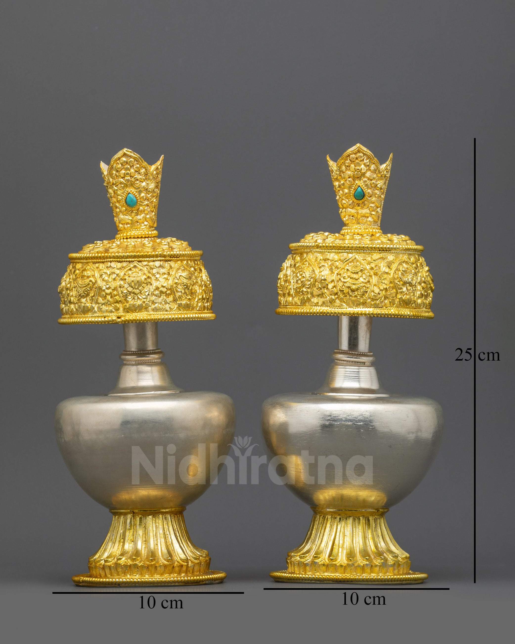 Front view Che Bhumba Set gold and silver-plated Himalayan Buddhist offering vases