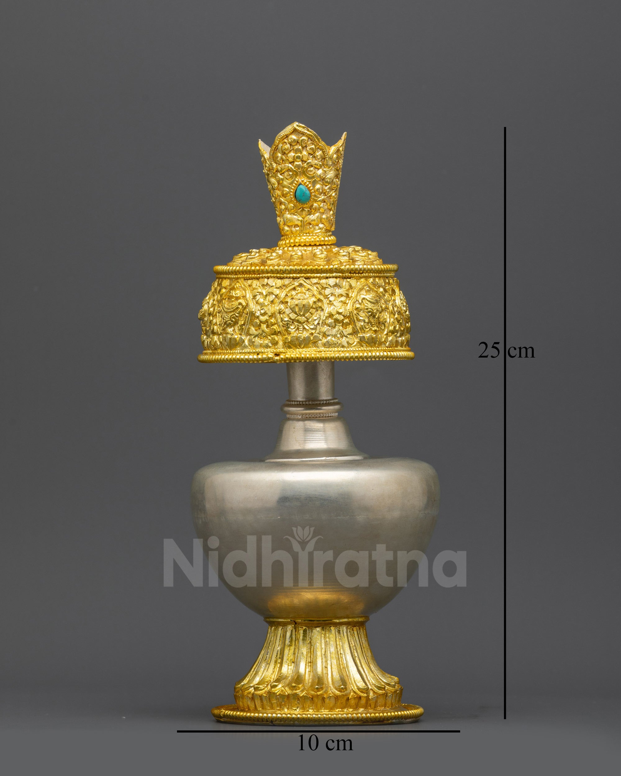 Front view Che Bhumba gold and silver-plated Himalayan Buddhist offering vessel