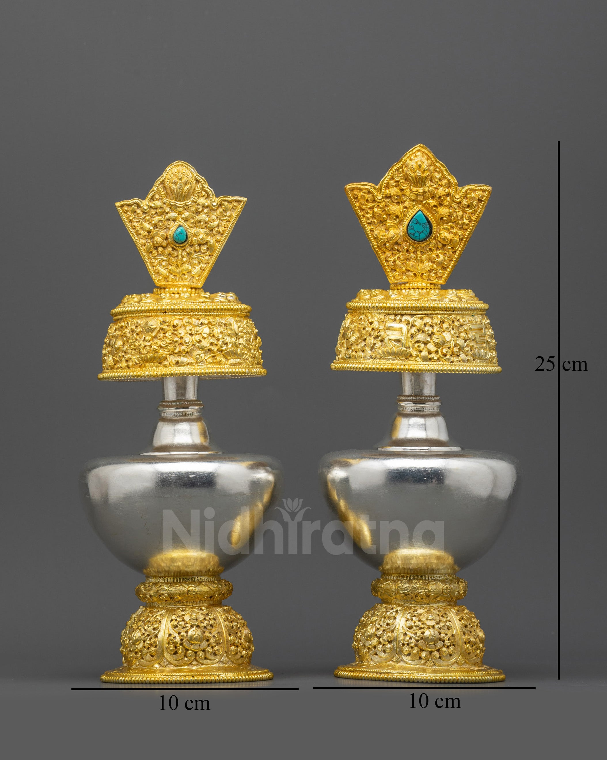 Front view Che Bhumba set with gold and silver plated Buddhist water offering vases